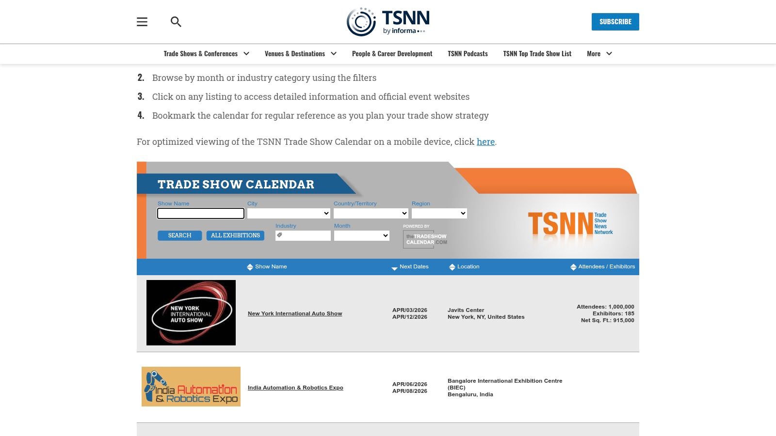 TSNN Trade Show Calendar (filter to Las Vegas)