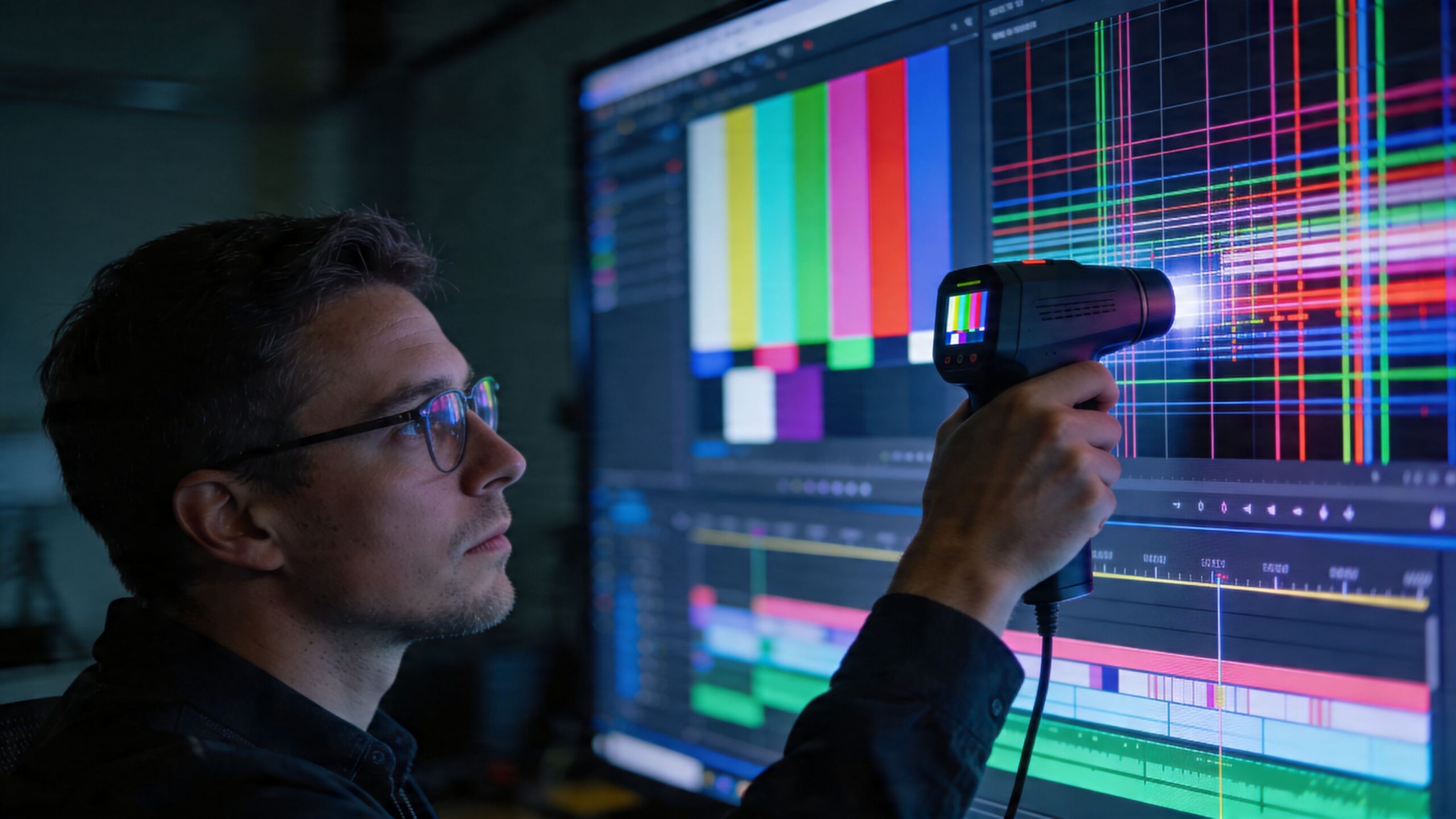 A technician using a color calibration sensor on a professional LED video wall for precise color accuracy.