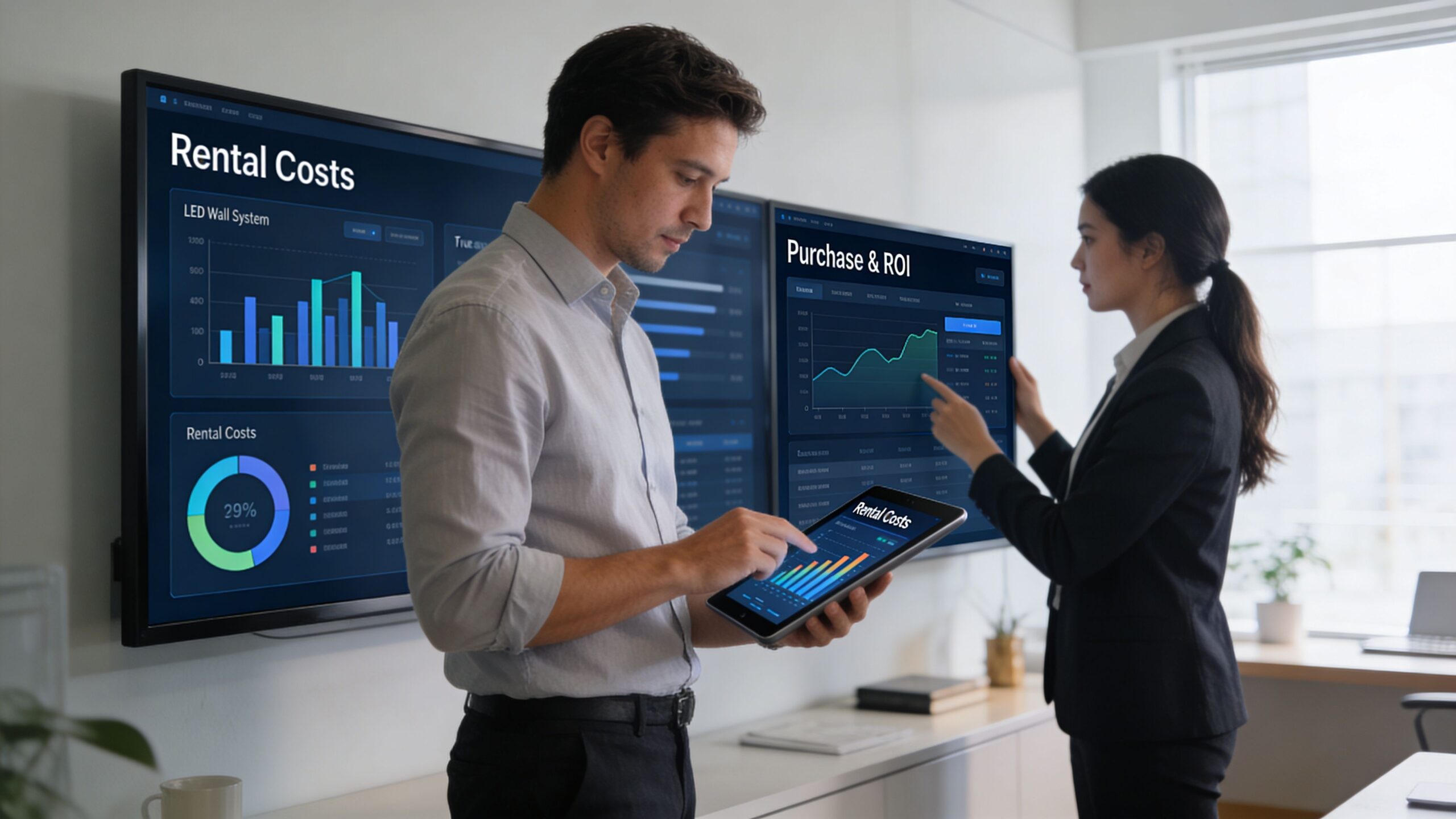 Two professionals analyze data on LED wall panels and a tablet in a modern office environment.