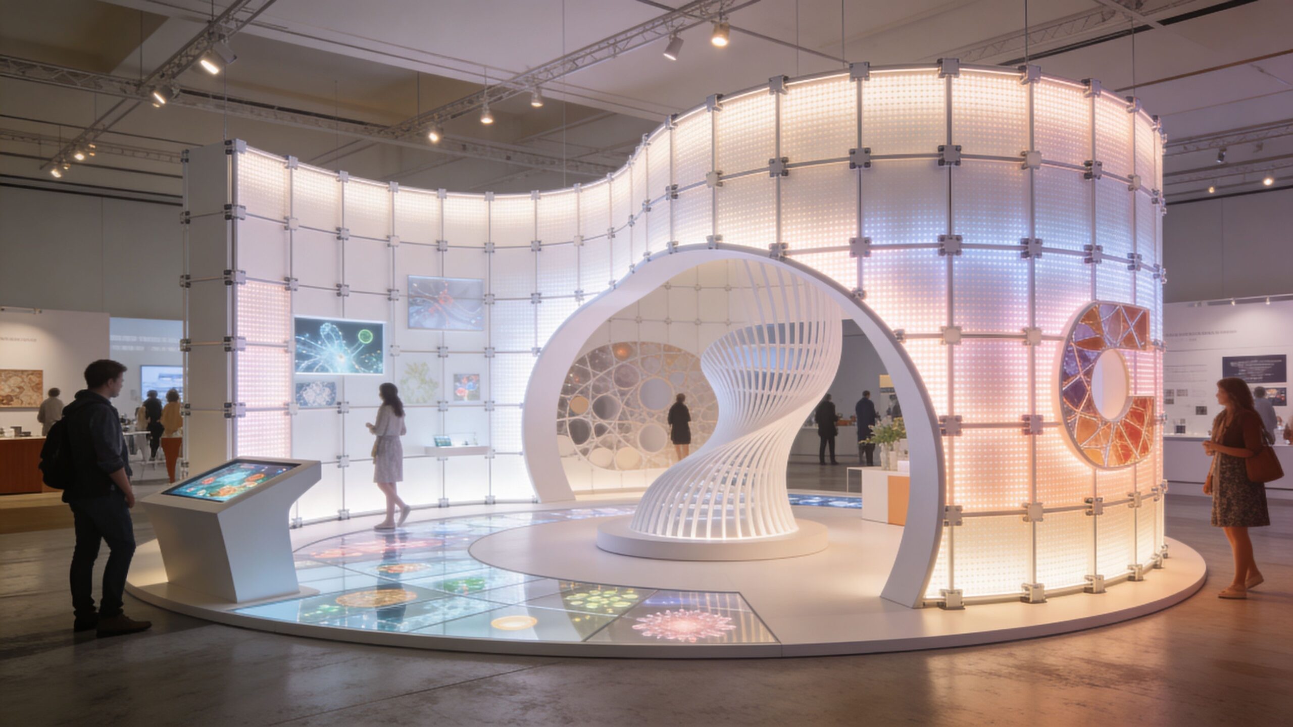 A modern exhibition booth featuring interactive LED wall panels and a sculptural spiral installation in a gallery space.