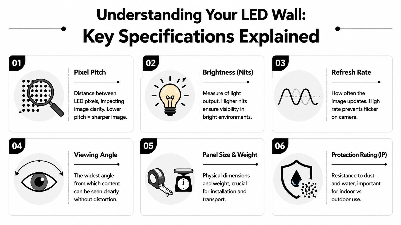 An infographic titled Understanding Your LED Wall explaining six key technical specifications for LED display walls.