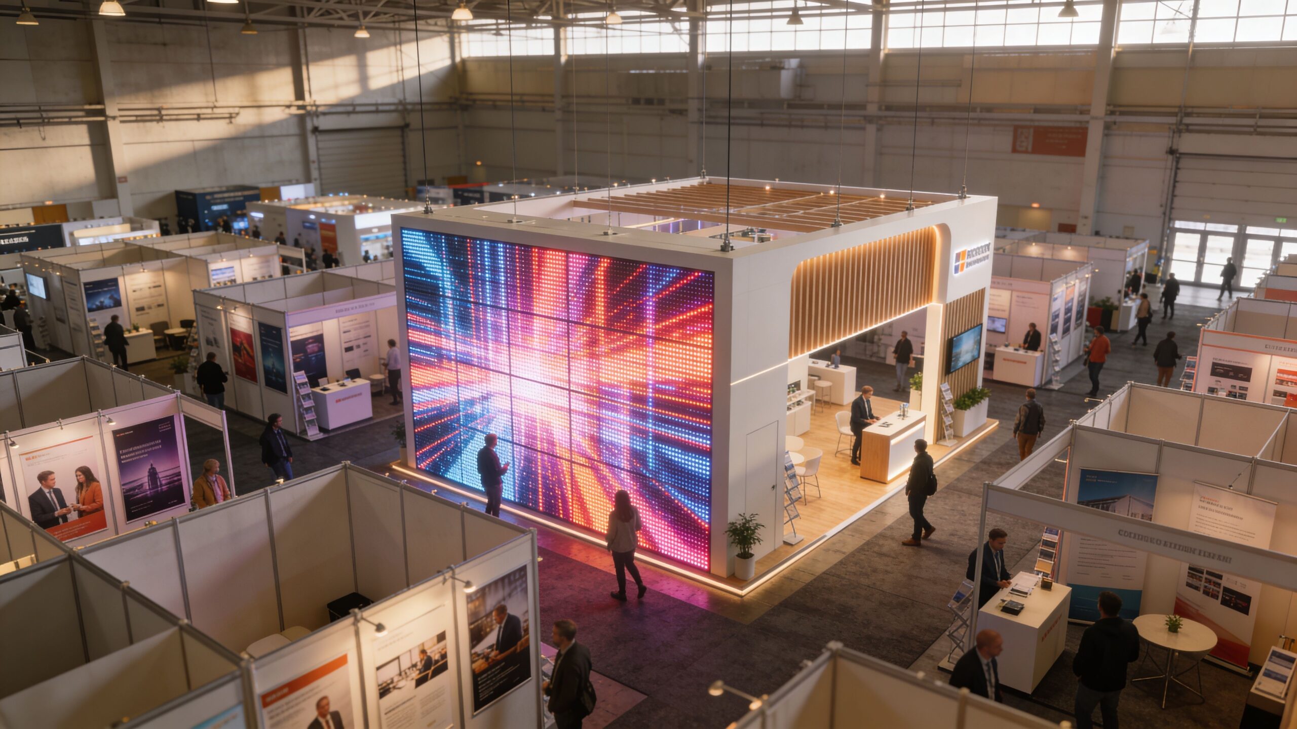 A large exhibition hall featuring a modern trade show booth with a vibrant, illuminated digital LED wall panel.