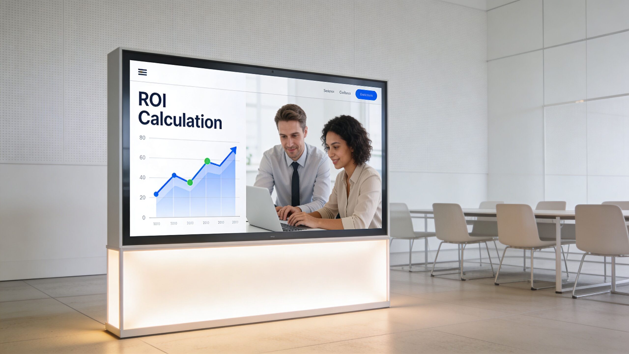 A modern illuminated light box display showcasing a business ROI calculation presentation in a professional office boardroom.
