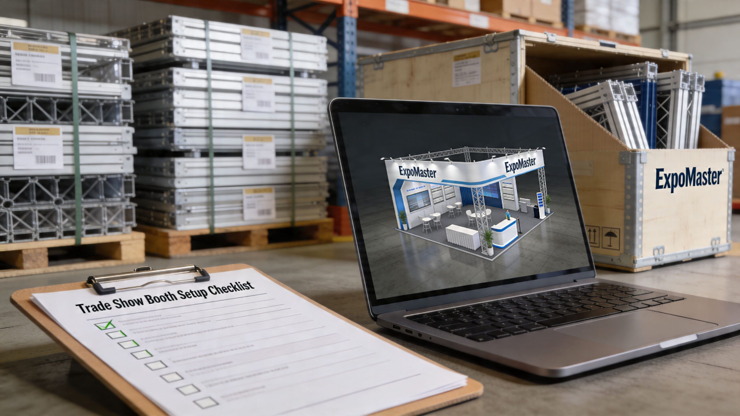 A laptop displays a 3D trade show booth design next to a checklist on a warehouse floor.