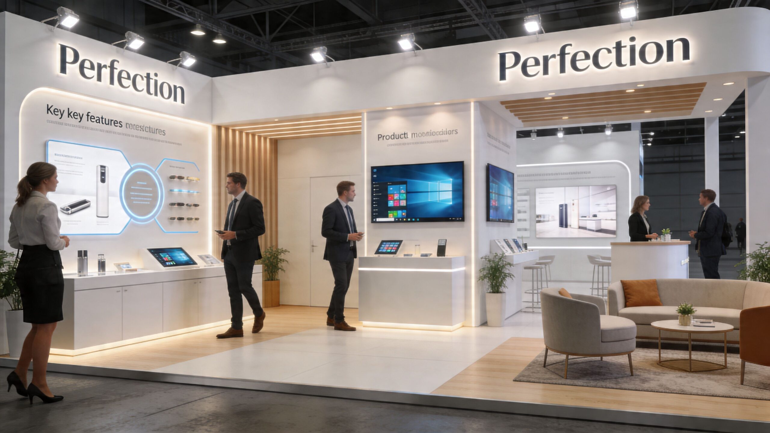 Professionals interacting at a sleek, modern modular trade show booth showcasing technology products in an exhibition hall.