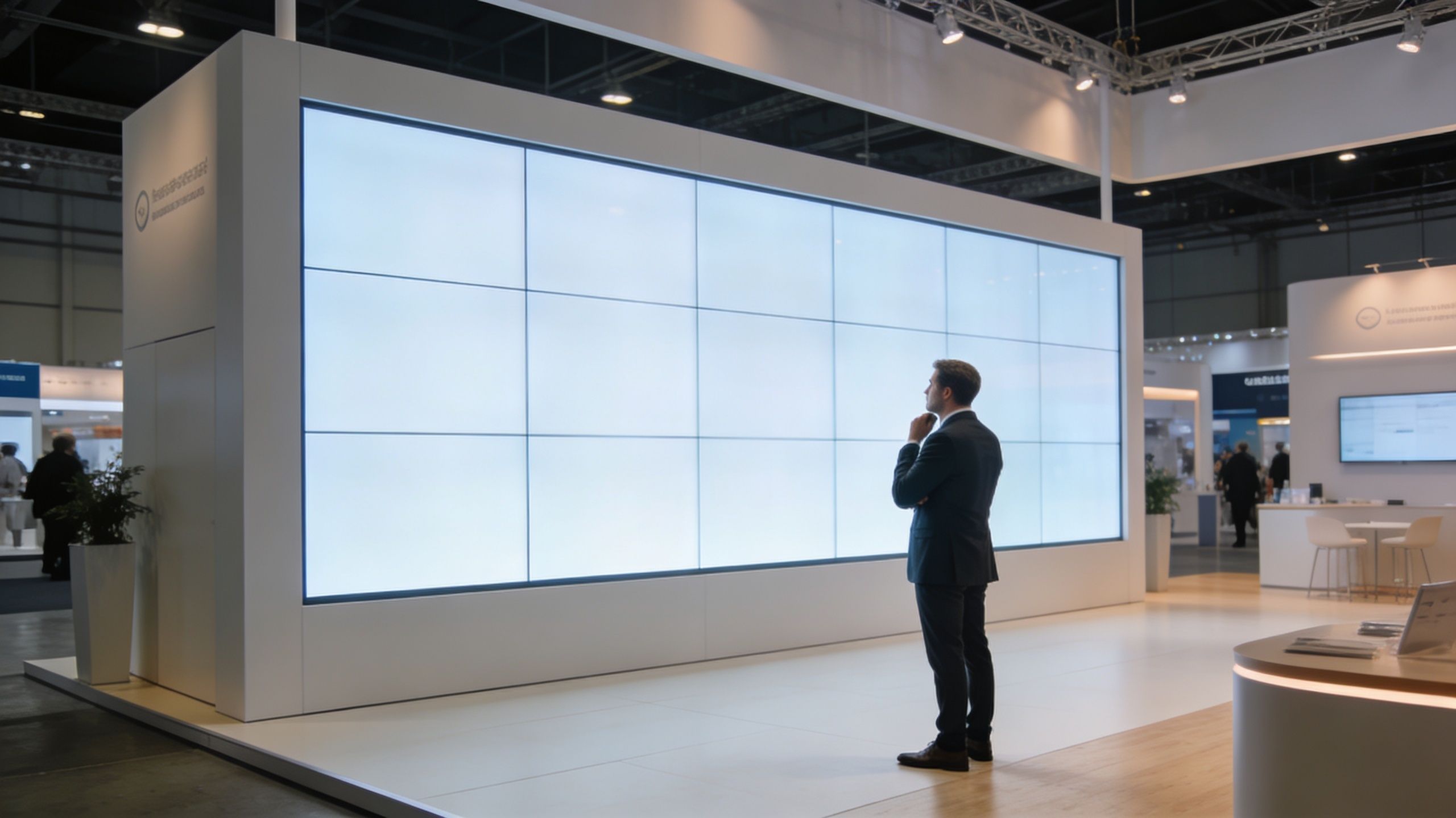 A businessman in a suit stands in an exhibition booth, thoughtfully looking at a large blank video wall.