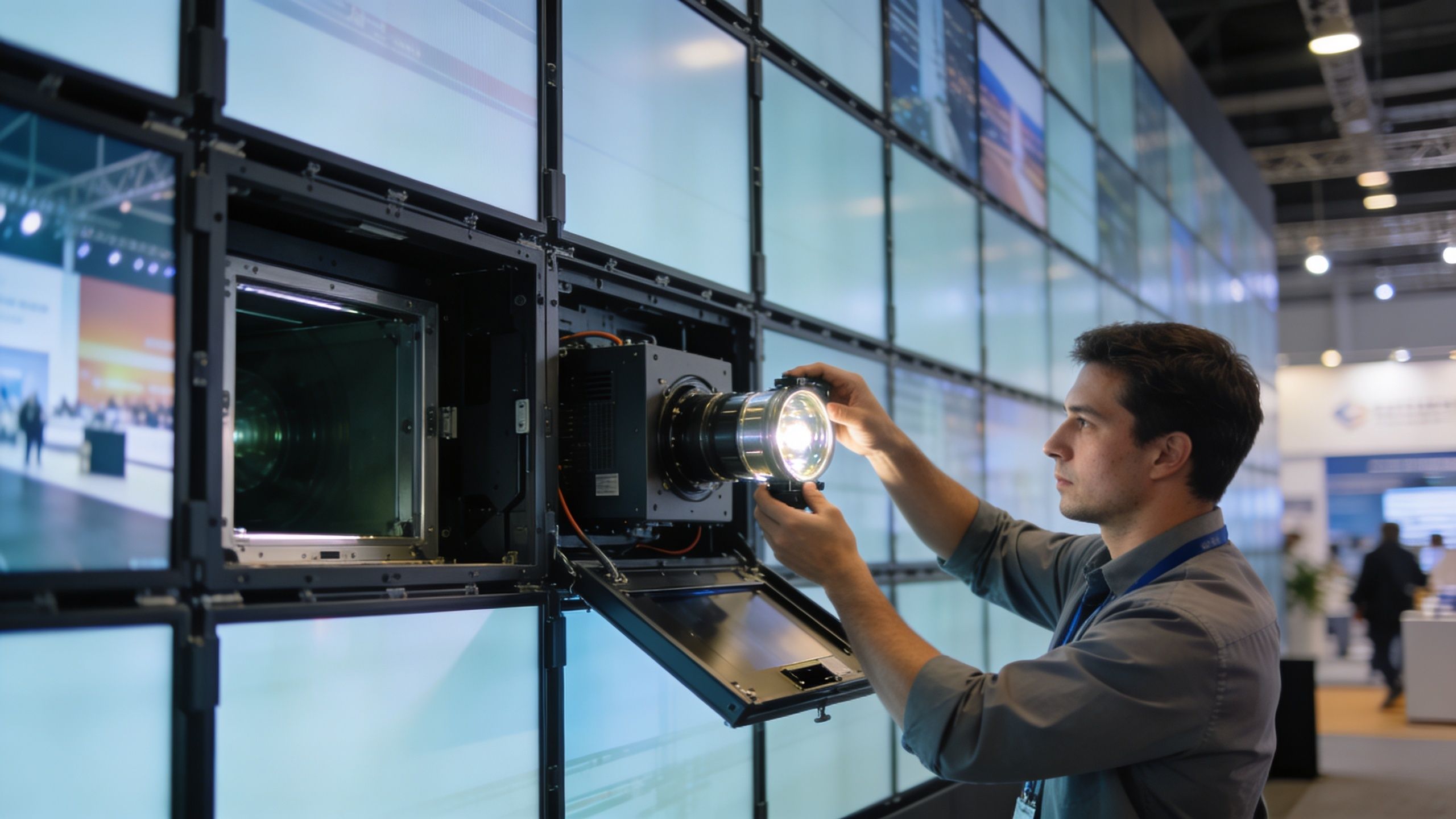 A male technician adjusts the lens on a projector integrated into a large video wall display system.
