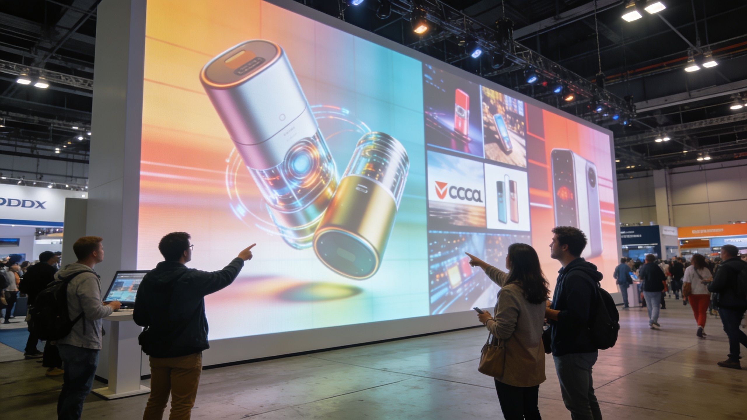 People looking at a large digital projection wall displaying advertisements for cylindrical electronic devices at a trade show.