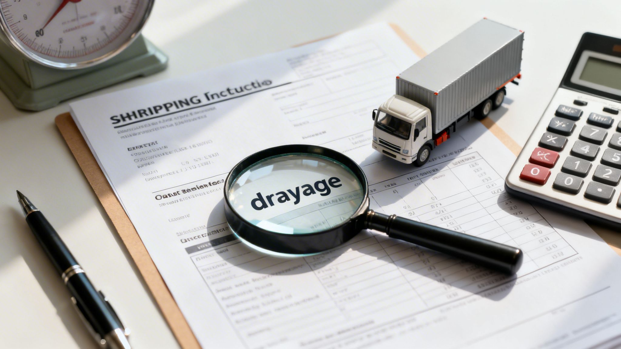 A shipping document with 'drayage' highlighted under a magnifying glass, next to a toy truck, calculator, and scale.