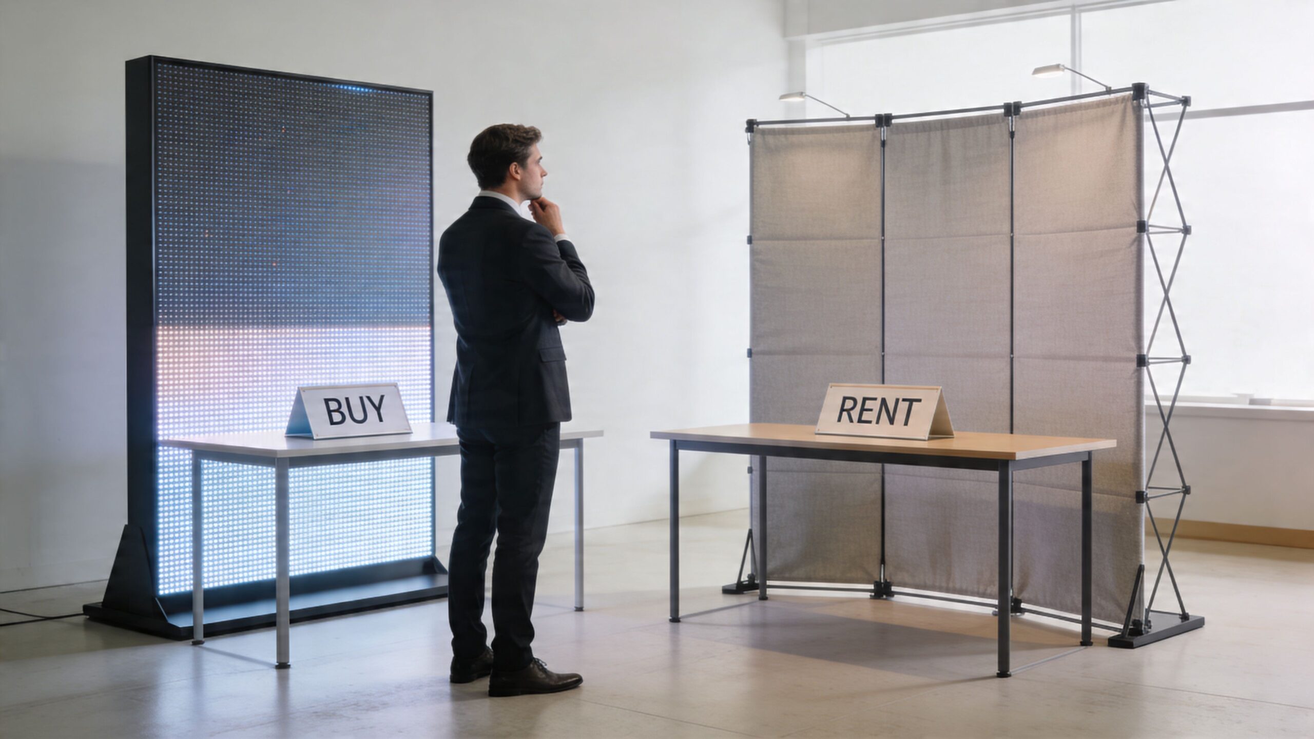 A man in a suit stands between two displays, one marked Buy and one marked Rent.