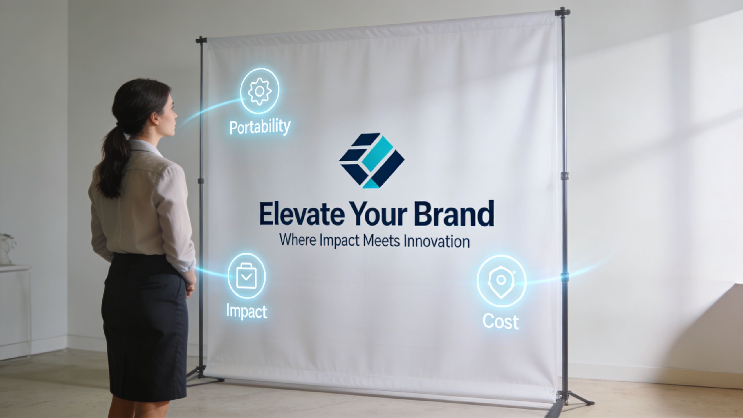 A businesswoman standing in front of a tension fabric backdrop display featuring branding and marketing concepts.