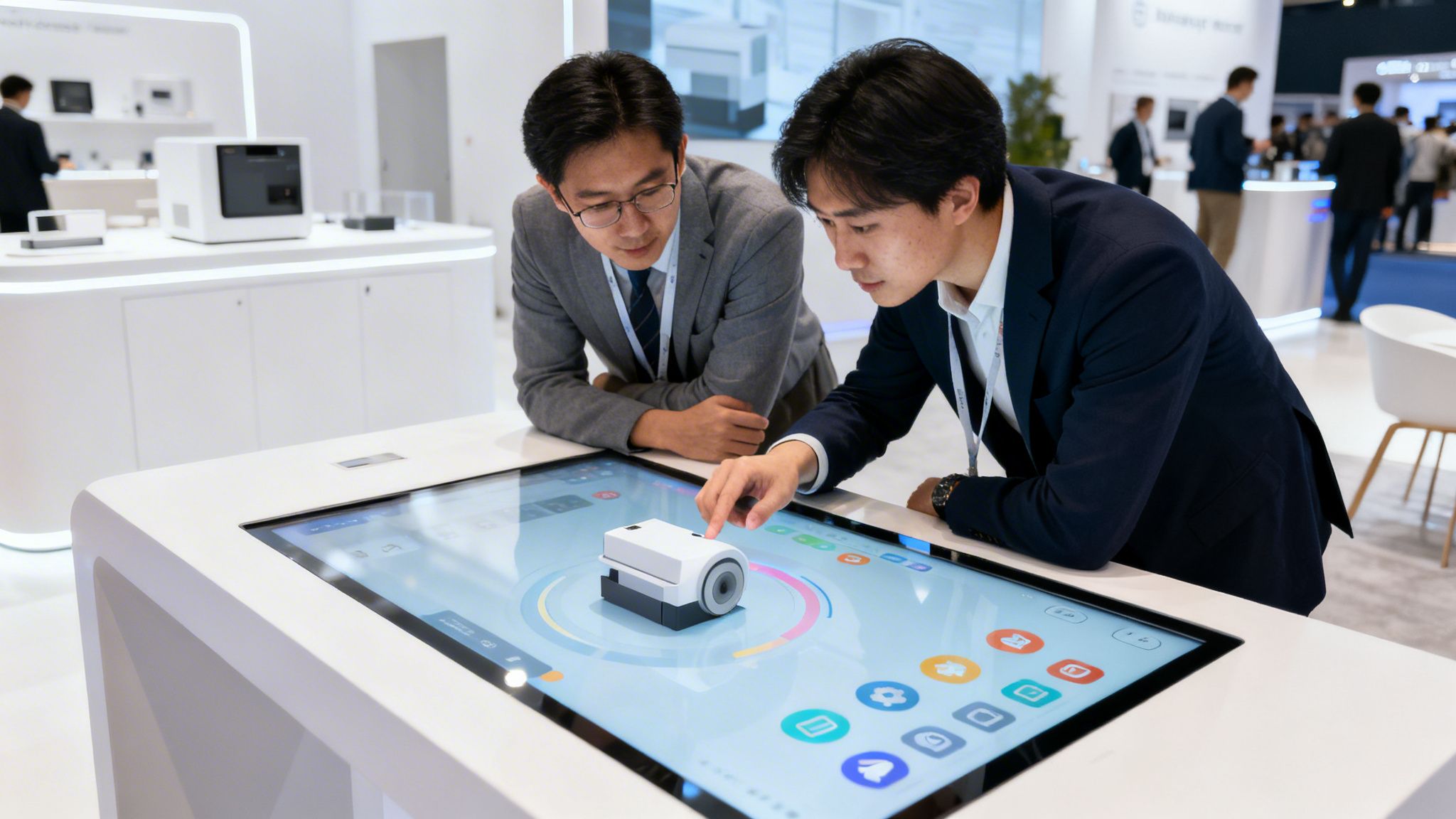 Two men in business attire interact with a touch screen table featuring a camera device at a technology exhibition.