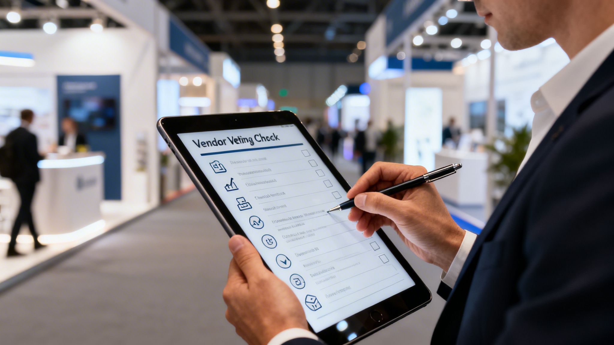 Man in suit vetting vendors on a tablet at a professional trade show event.