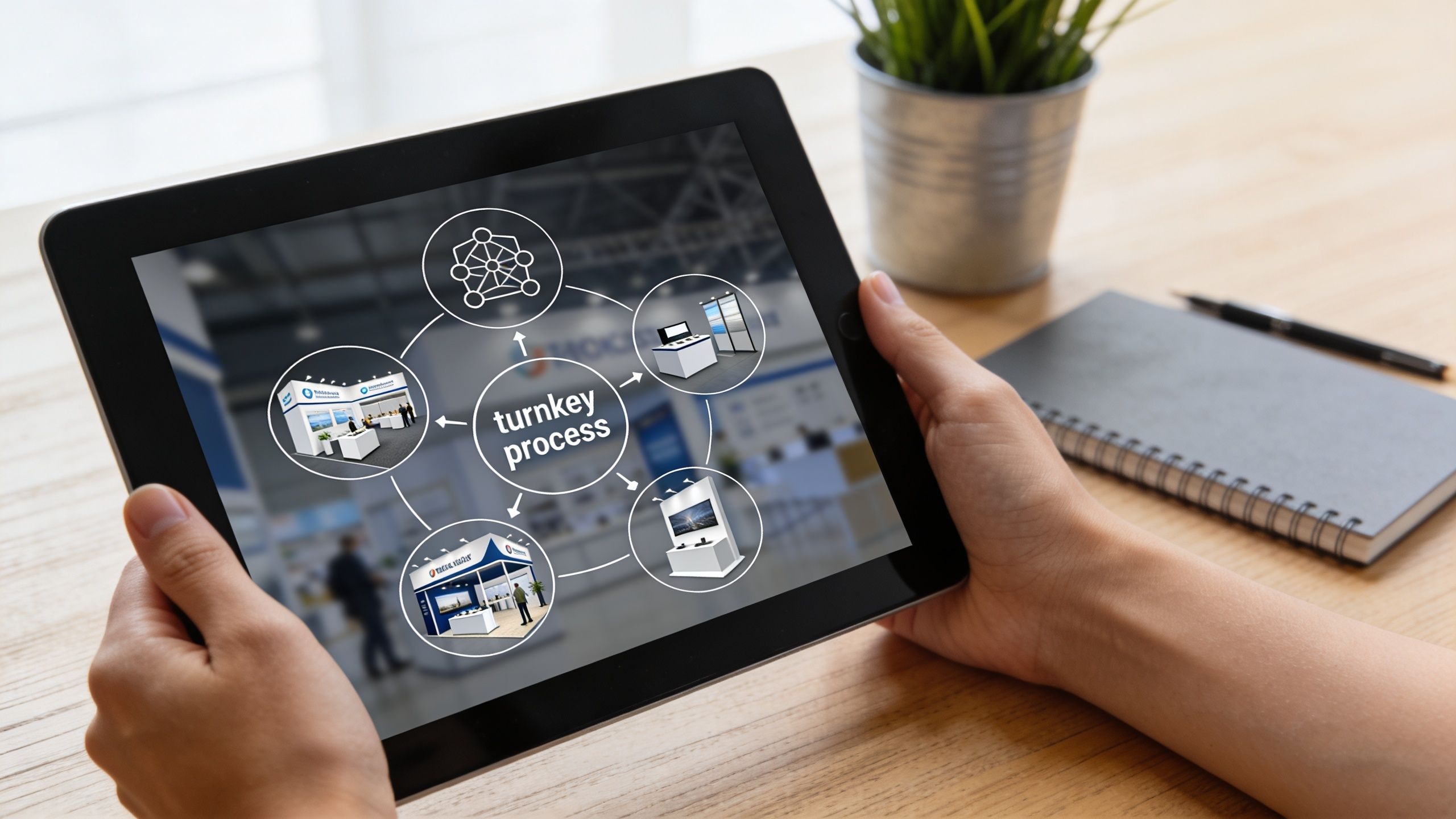 A person holding a tablet displaying a diagram of a turnkey trade show display design process.