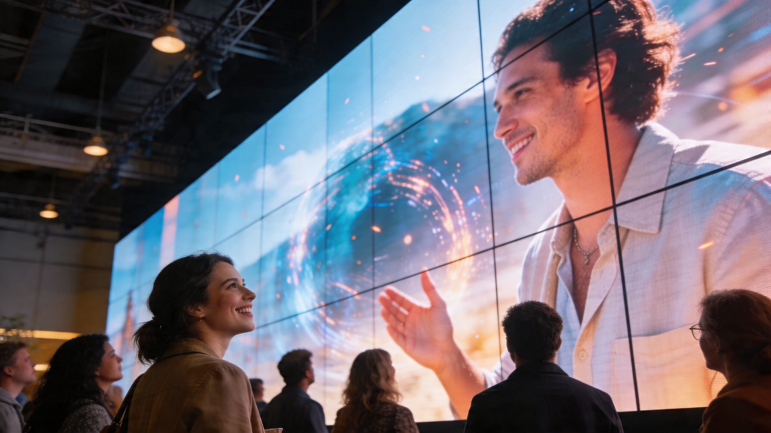 A group of people looking at a large digital screen displaying a smiling man at a trade show.