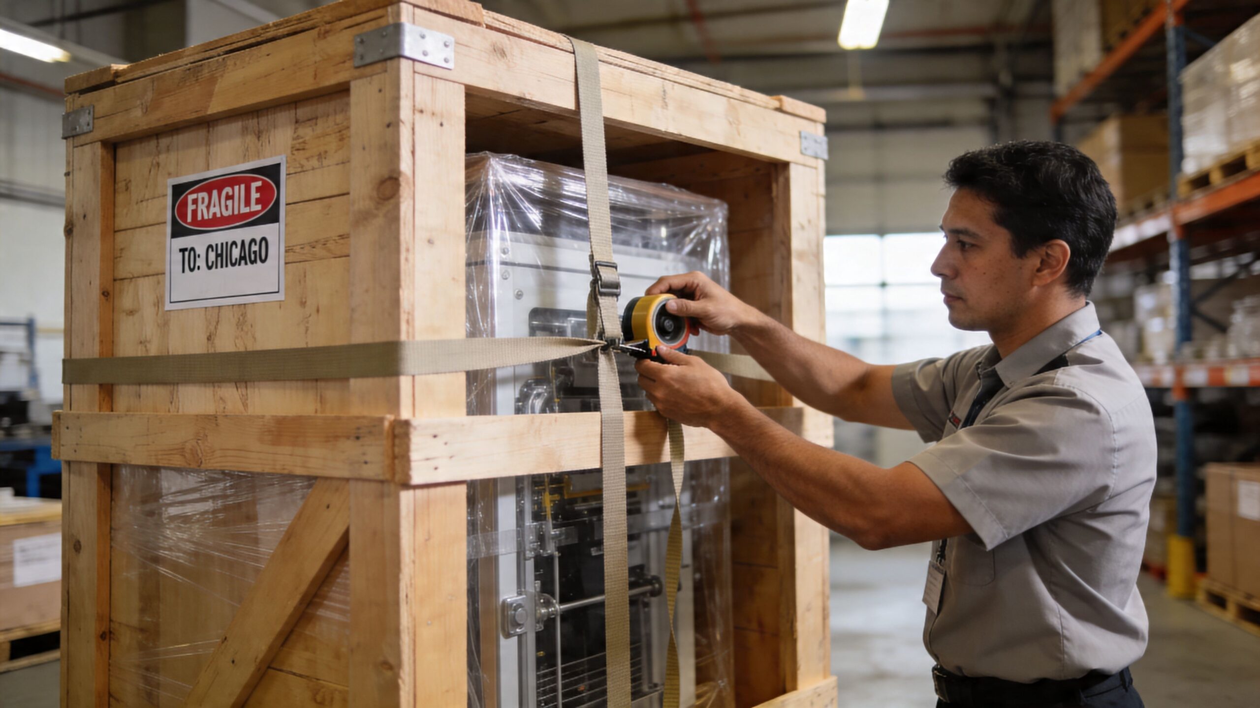 A warehouse worker carefully secures a fragile wooden crate for shipping with a heavy-duty strap.