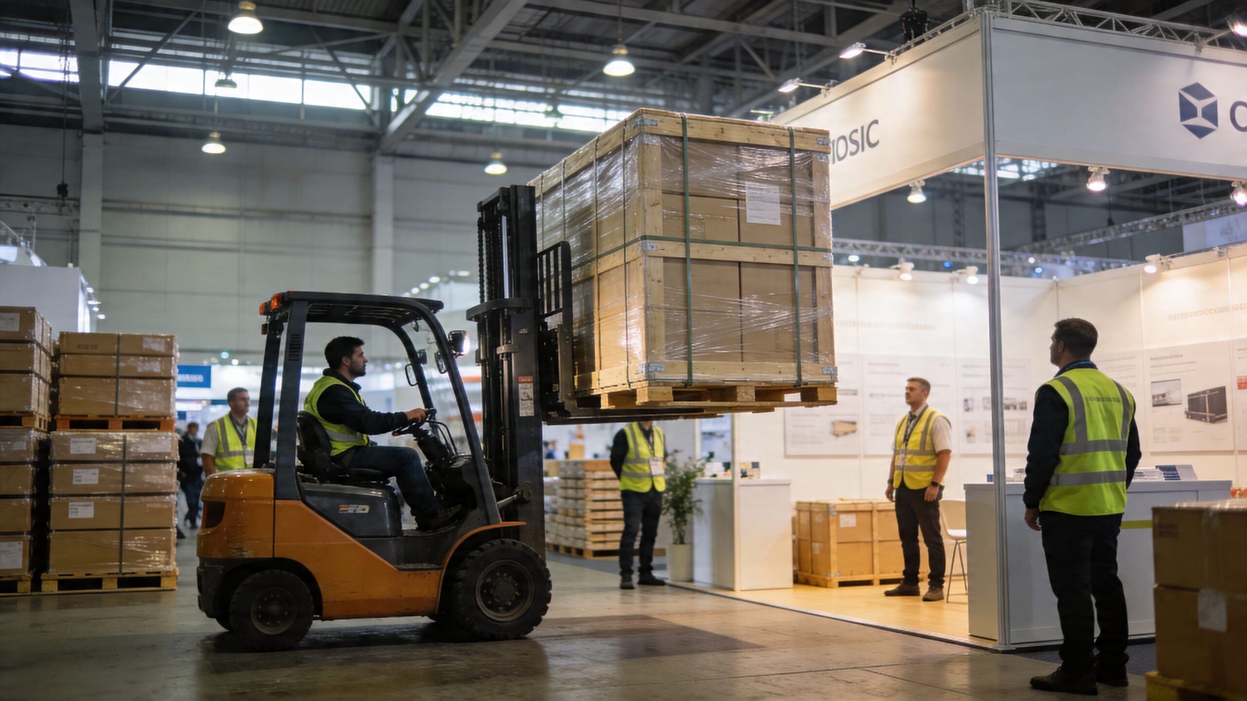 A forklift driver transports a large wooden crate at a busy industrial trade show exhibition floor.
