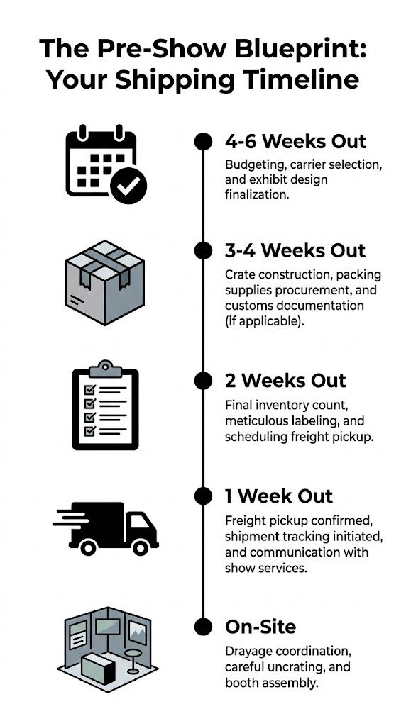 A timeline infographic detailing the pre-show planning and shipping process for trade show exhibits and equipment.