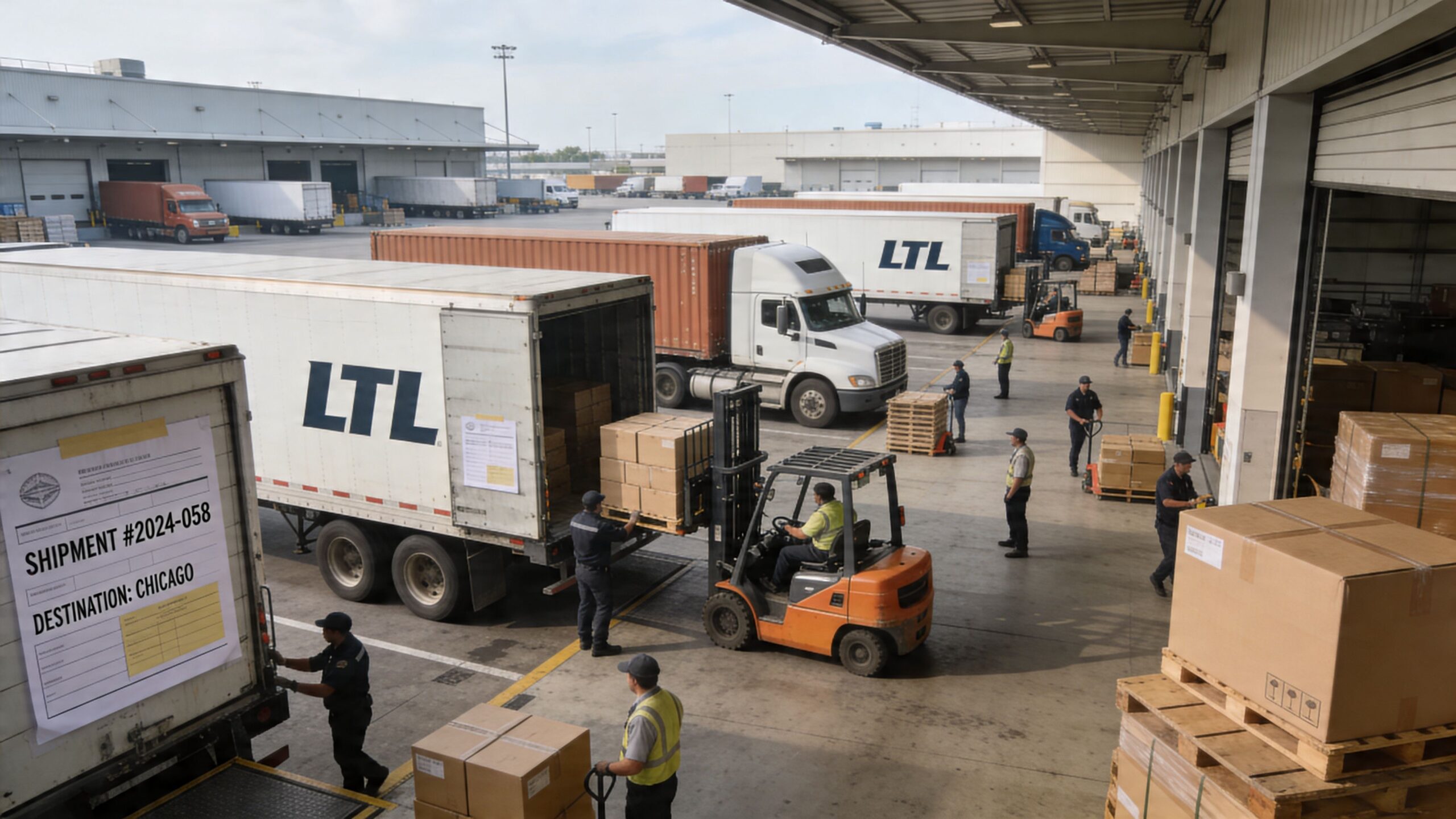 Warehouse workers loading freight boxes into semi-truck trailers at a busy logistics distribution center.