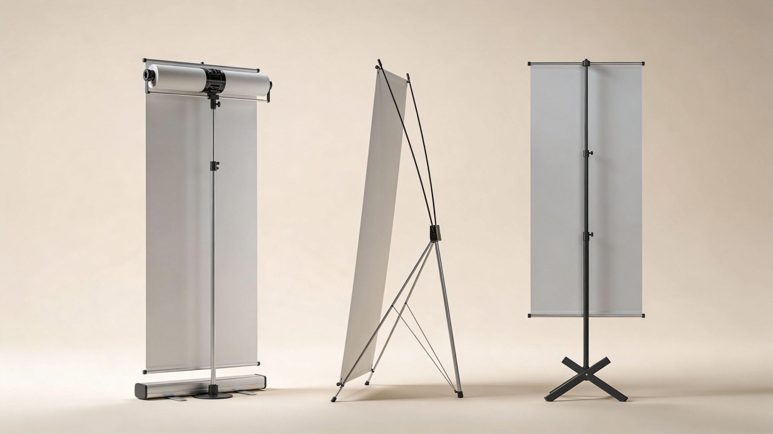 Three different types of blank vertical banner display stands presented against a neutral beige background studio setting.