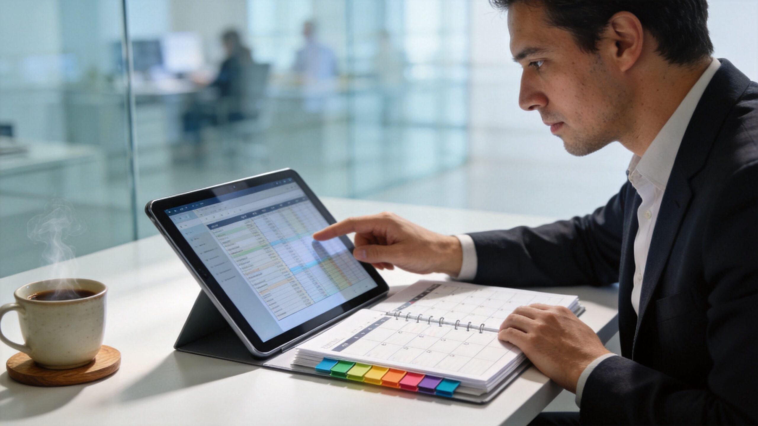 A professional man in a suit reviewing financial data on a tablet next to a desk calendar.