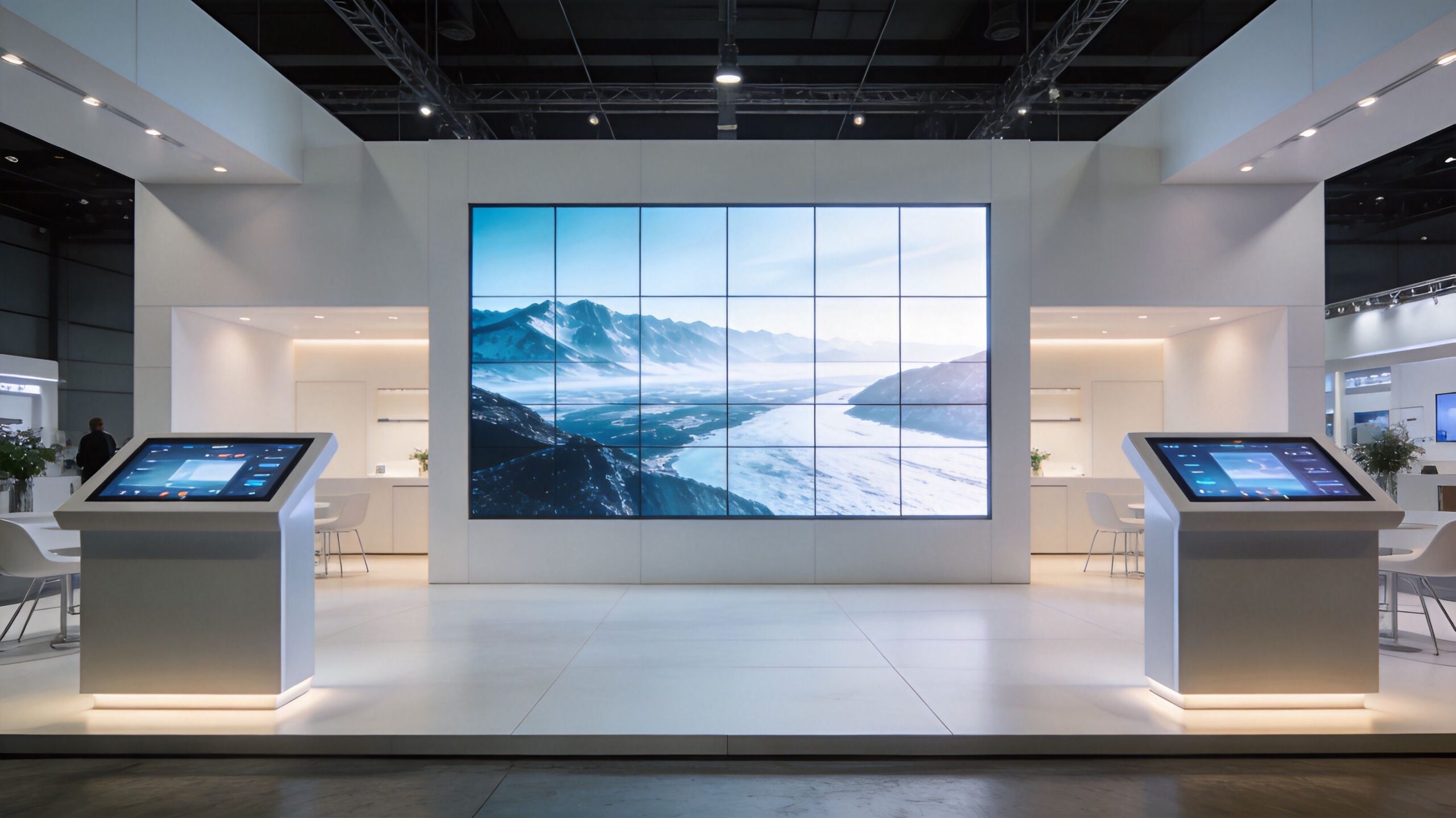 A modern trade show exhibition booth featuring a large video wall and two interactive touchscreen kiosks.