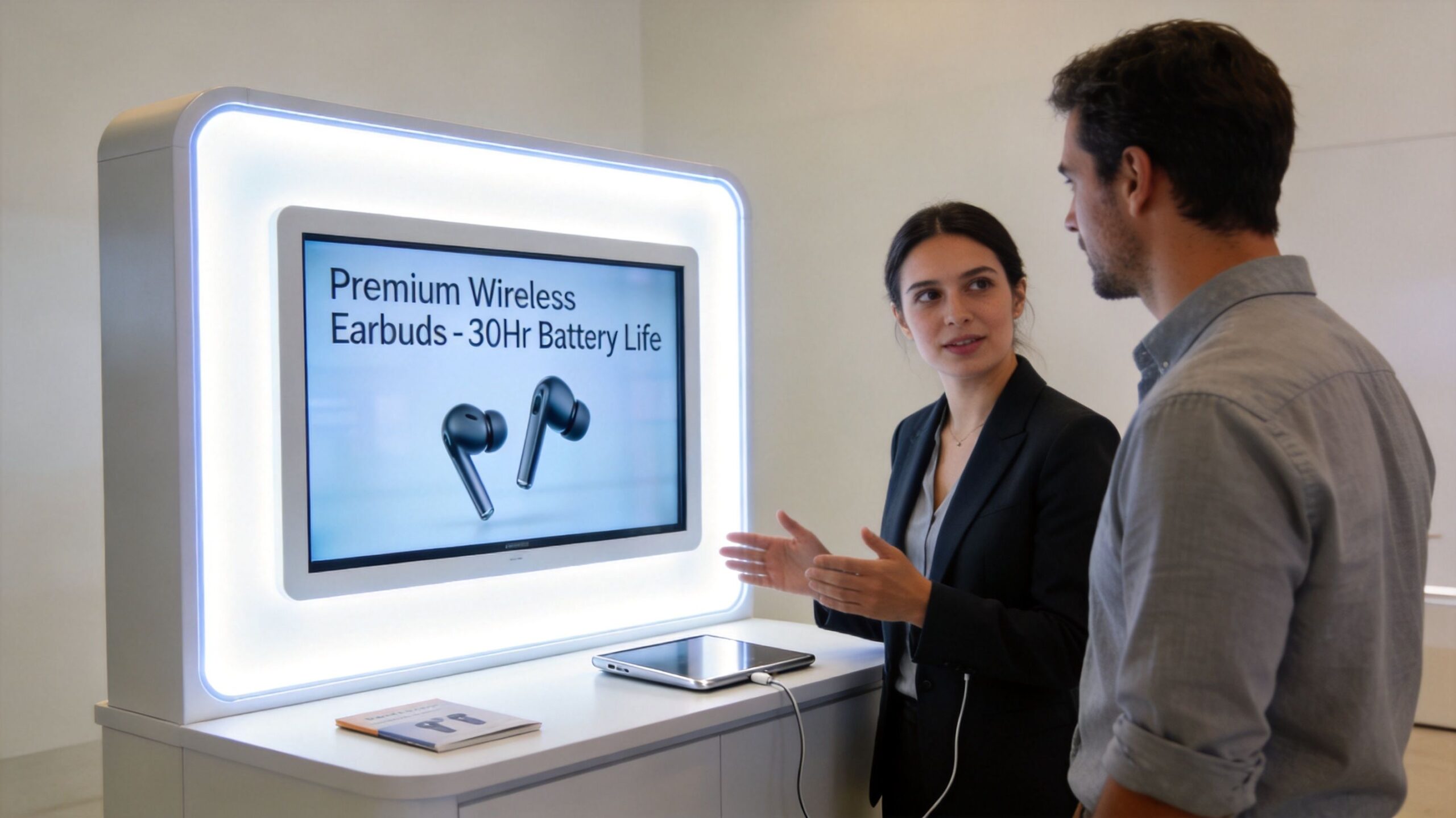 A professional woman in a suit presenting wireless earbuds to a man at a trade show display.