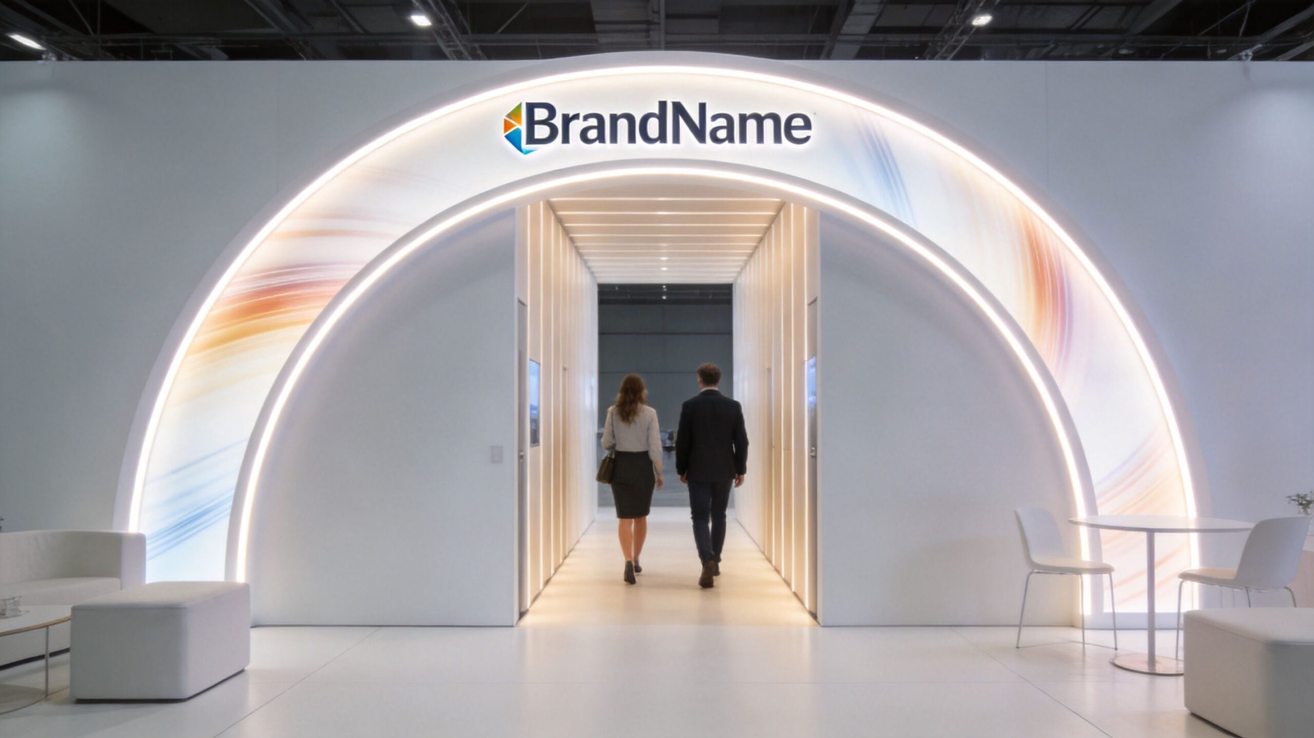A professional man and woman walking into a modern trade show booth with an arched entrance.