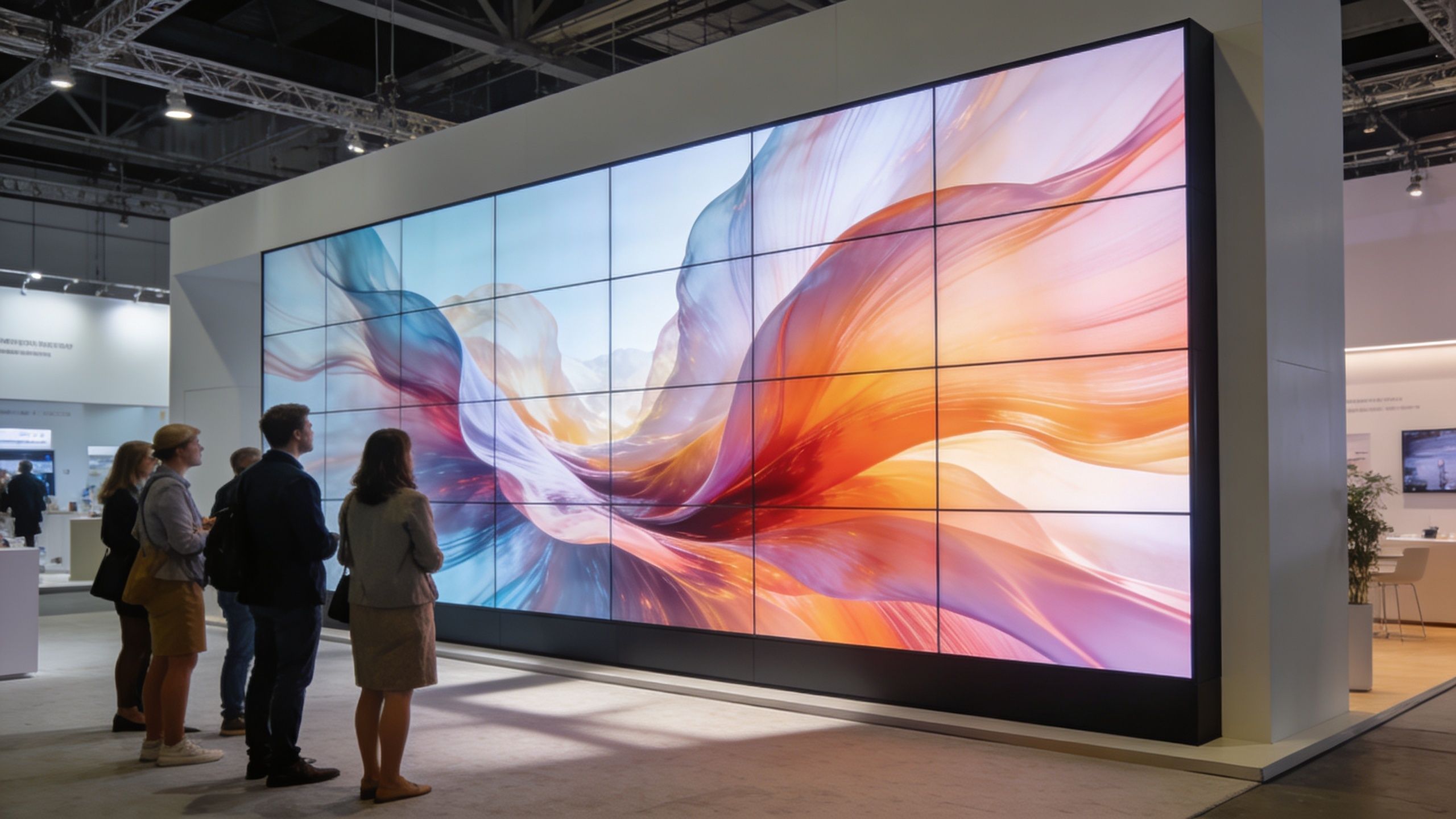A group of people standing and observing a large digital display video wall at a trade exhibition.