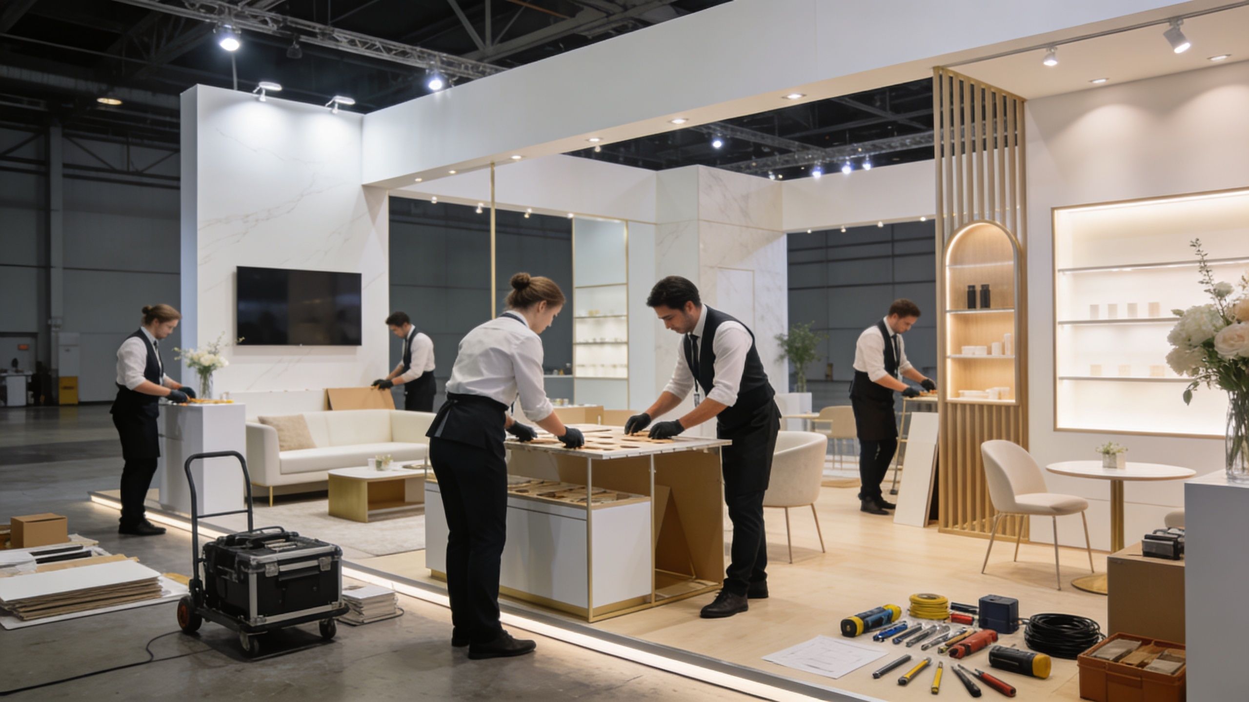 Professional team setting up an elegant and modern experiential marketing exhibition booth at a convention center.