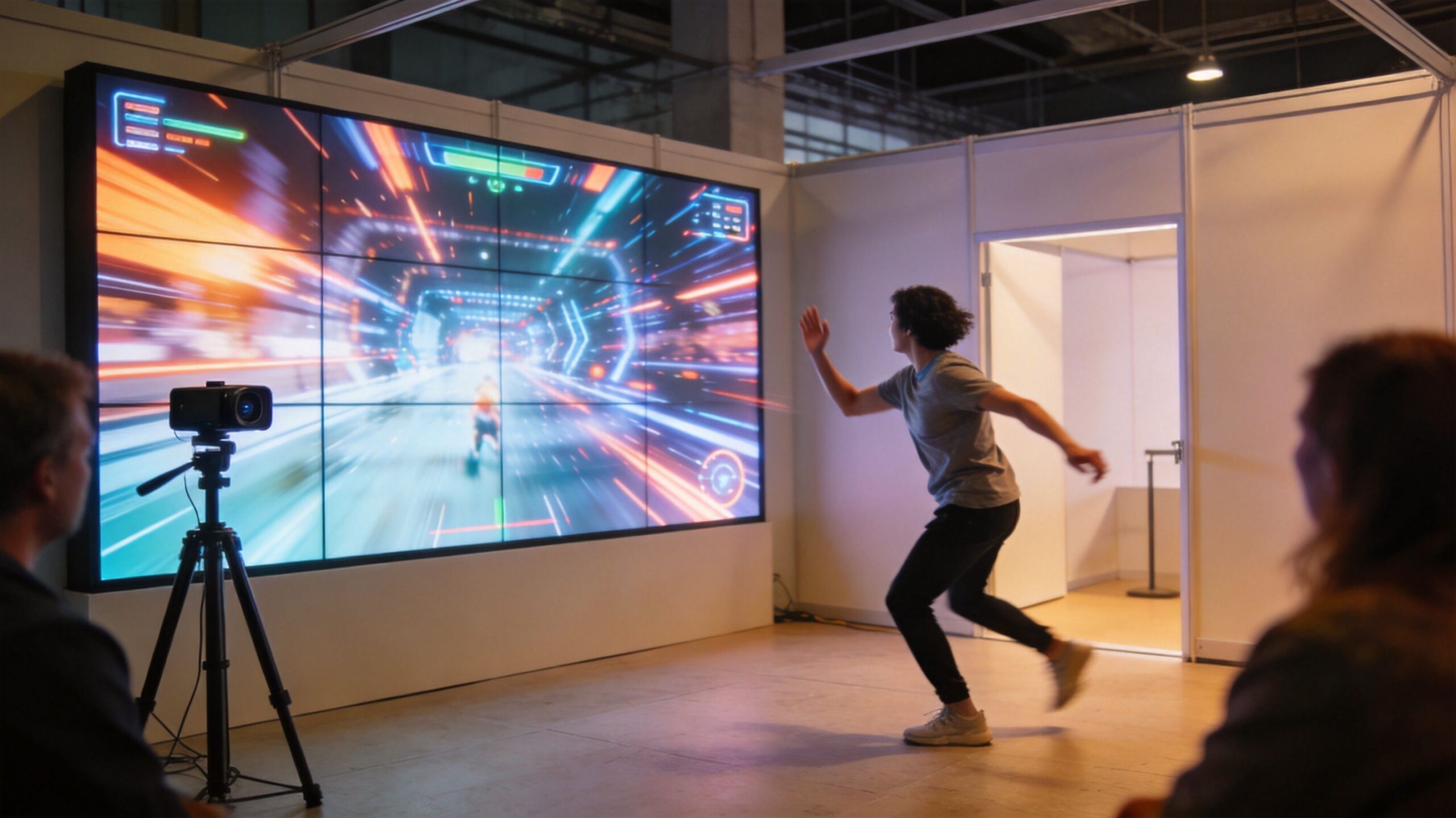 A man interacts with a large interactive video screen display in an exhibition booth space