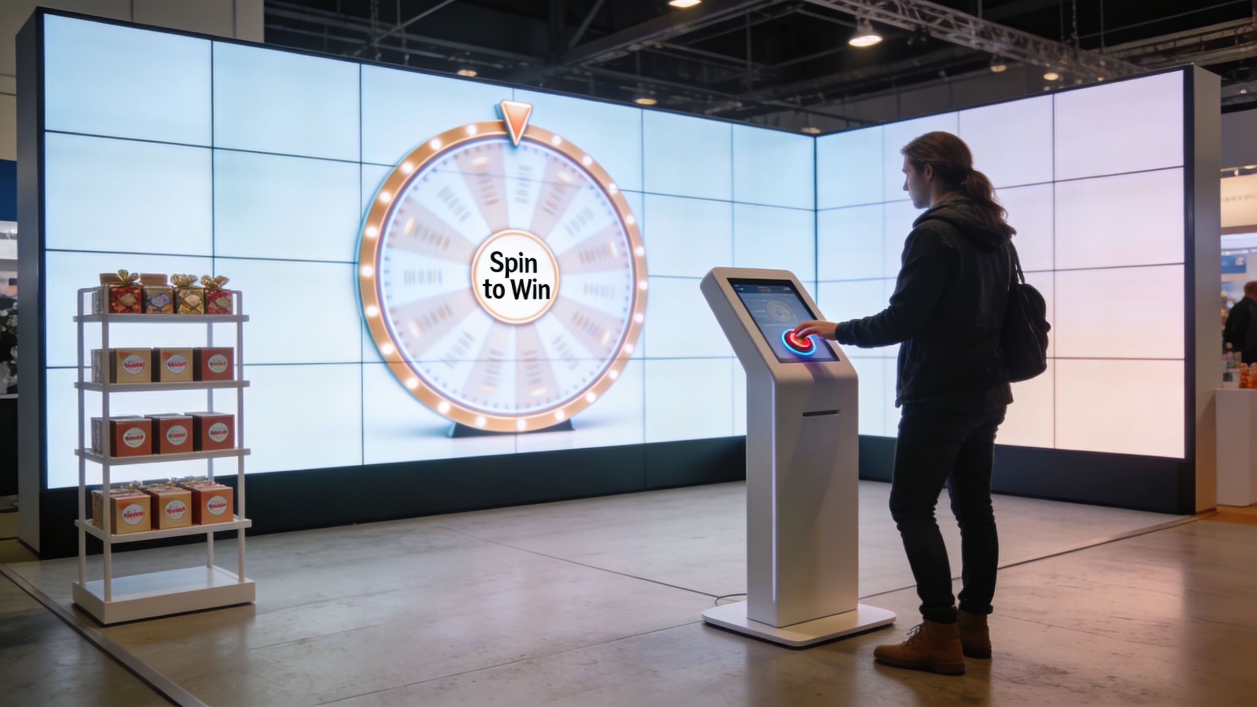 A person pressing a button on a kiosk to spin a digital wheel game at a trade show.