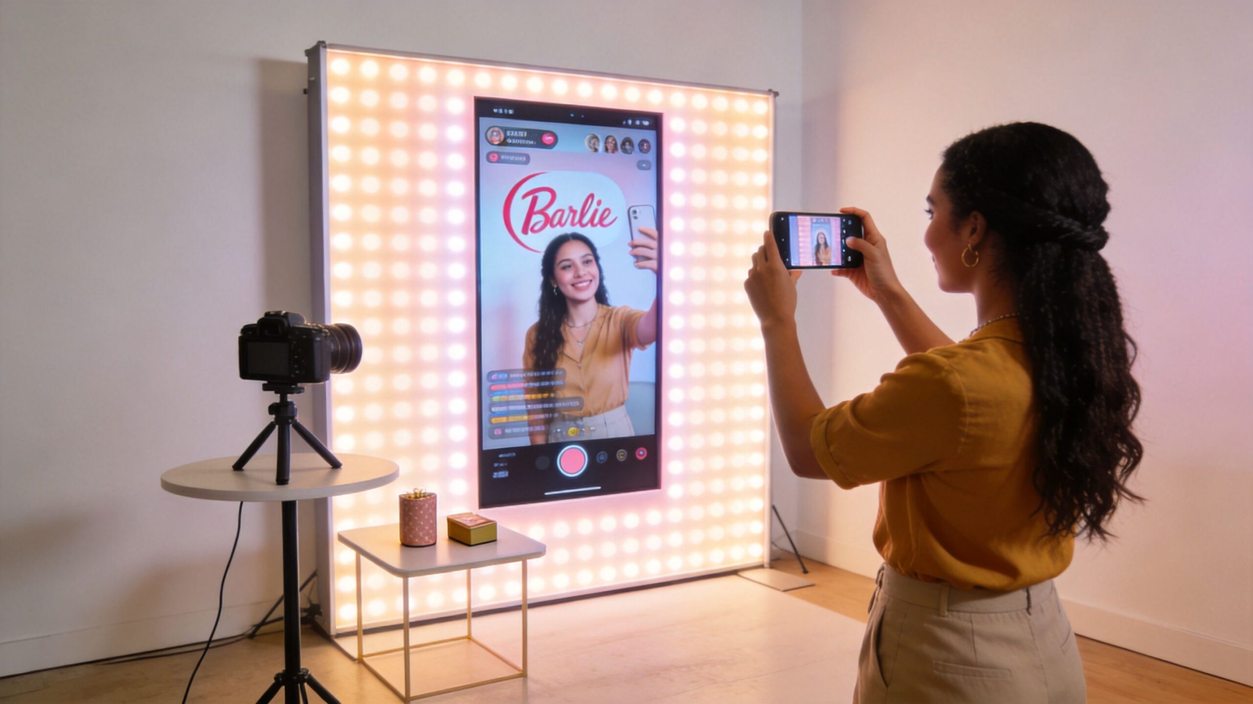 A woman recording a livestream video of herself on a digital screen at a brand activation booth.