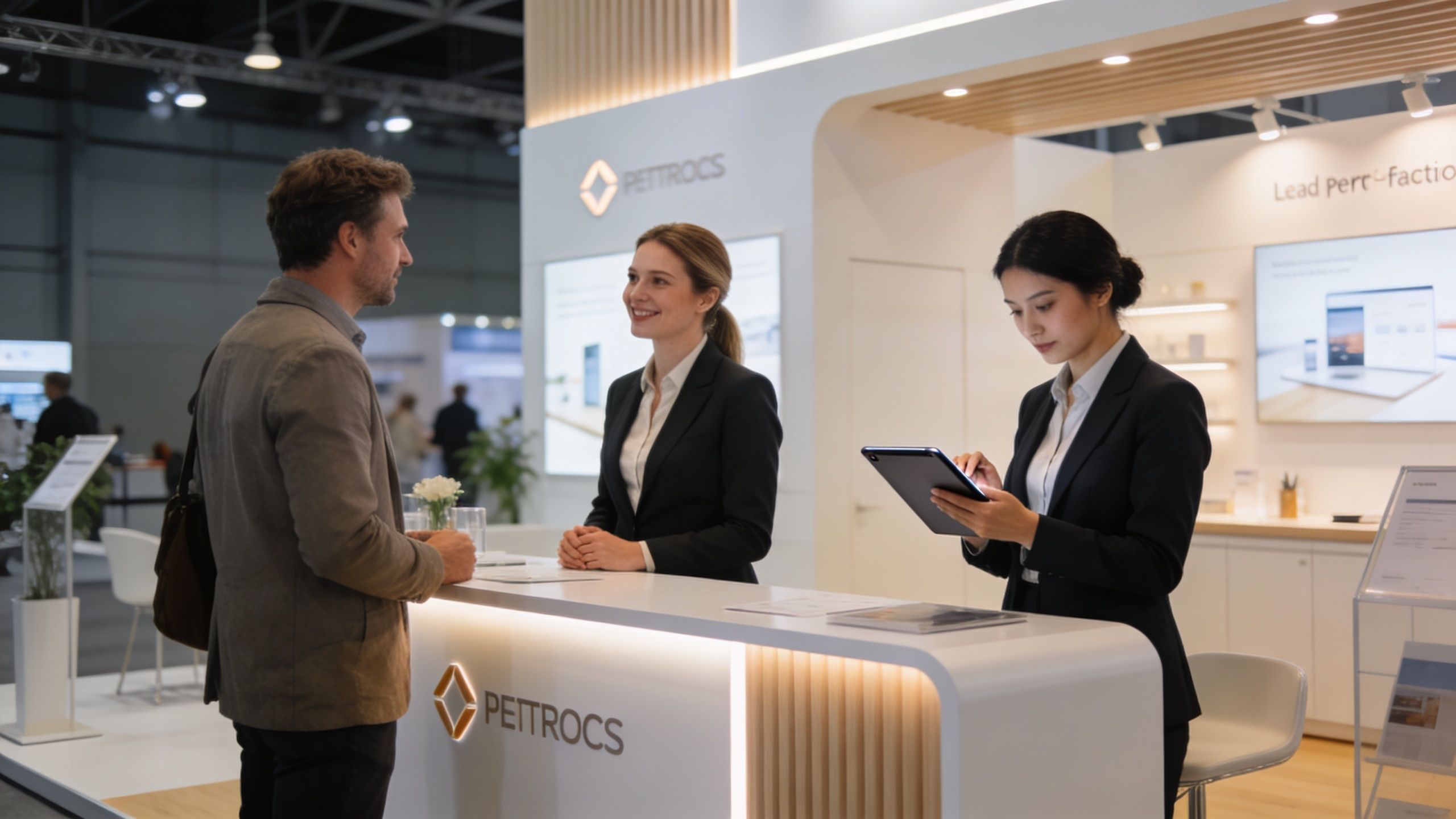 A professional business team greeting a visitor at a modern Pettrocs trade show exhibition booth.