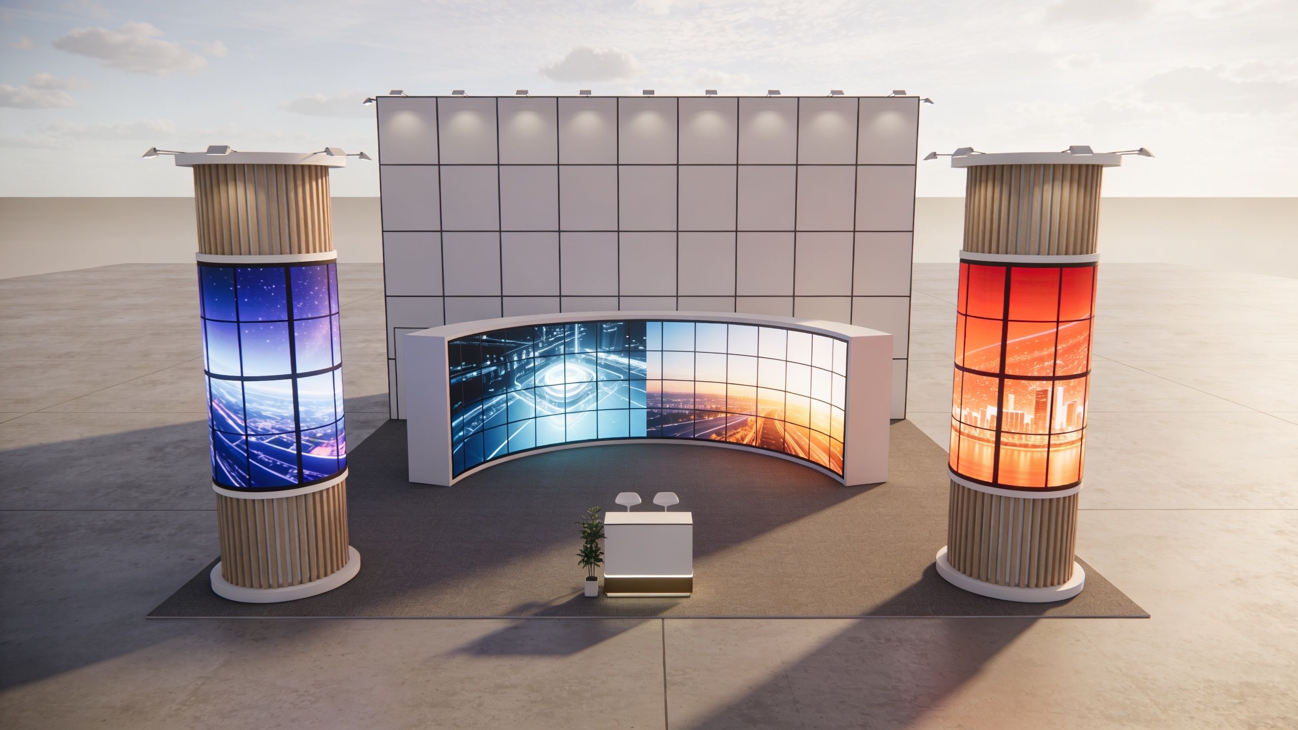 A professional trade show exhibition booth featuring large LED screens, curved digital displays, and a reception desk.