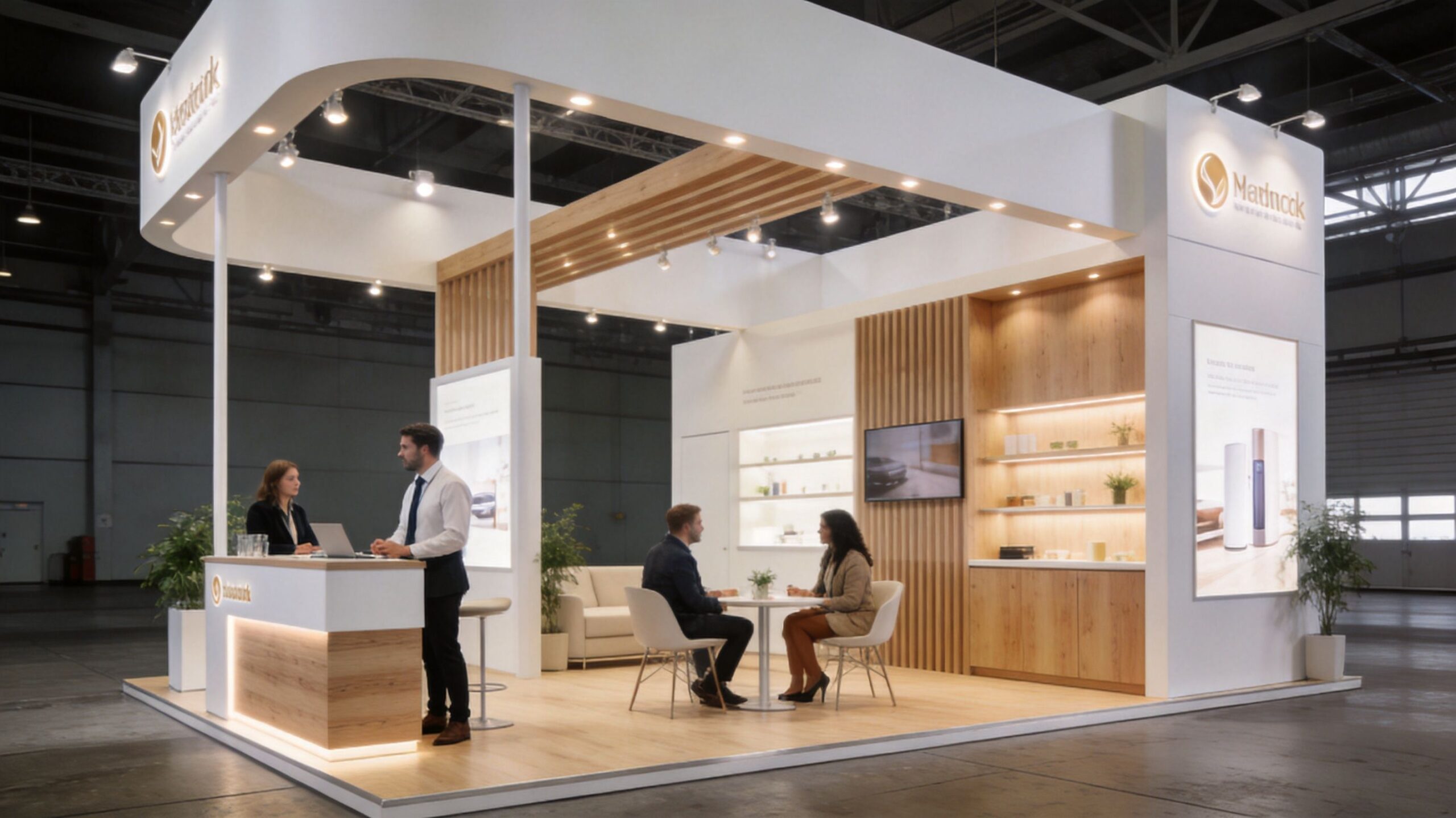 Professionals conducting business meetings at a modern wooden trade show booth inside a large exhibition hall.