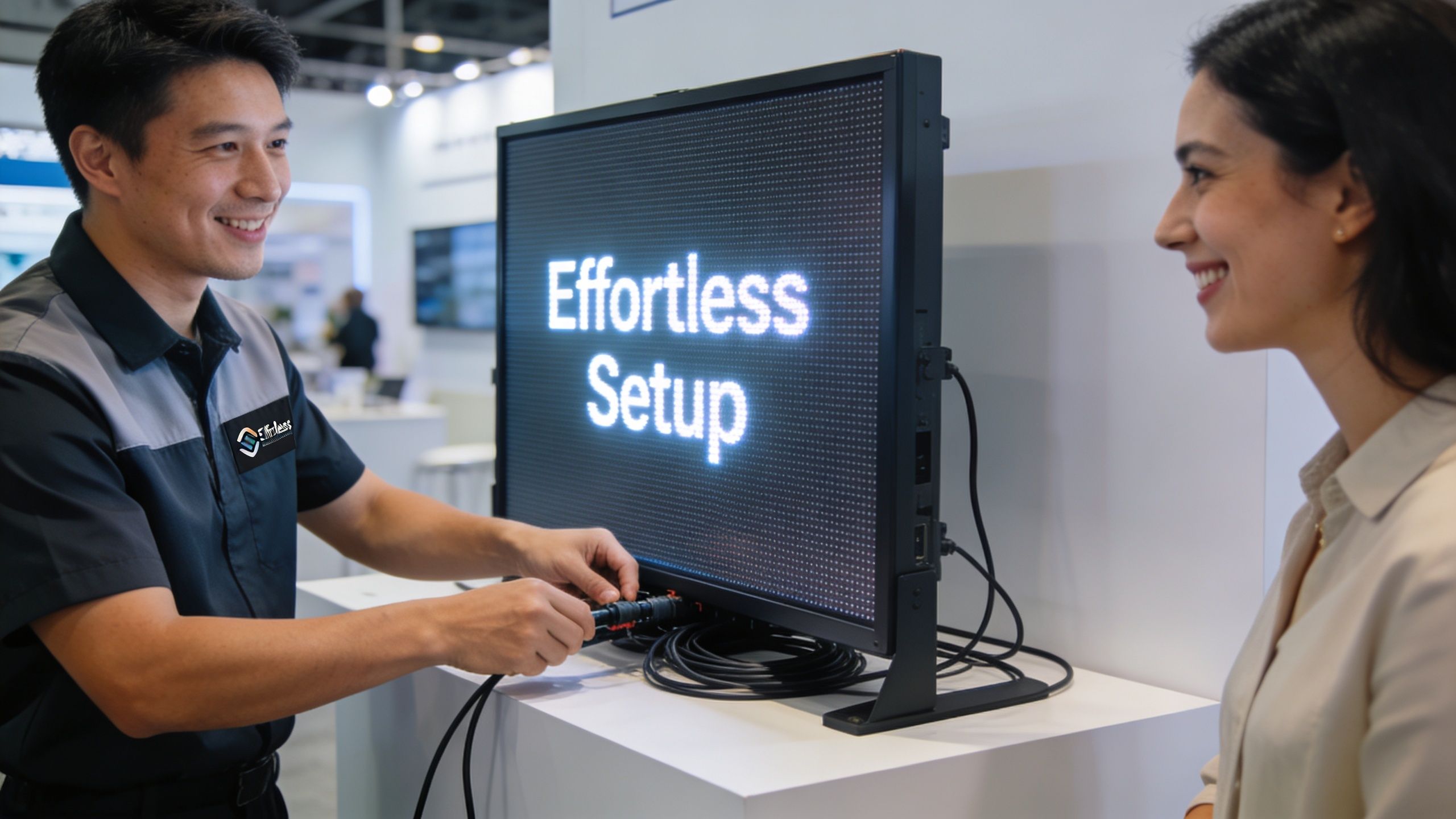 A technician demonstrates the easy assembly of a portable LED display to a professional customer.