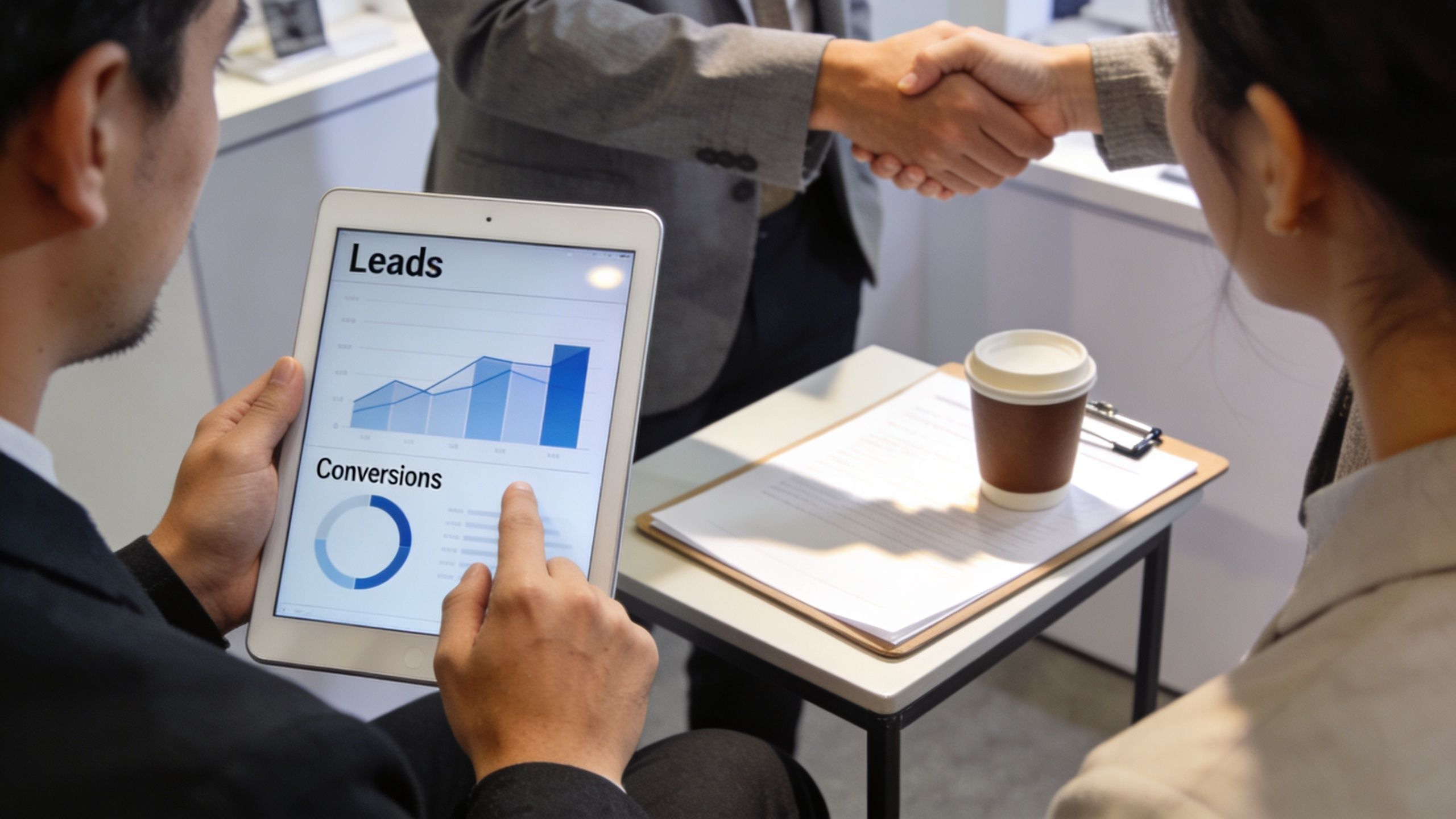 A professional business meeting where a man reviews lead and conversion statistics on a digital tablet.
