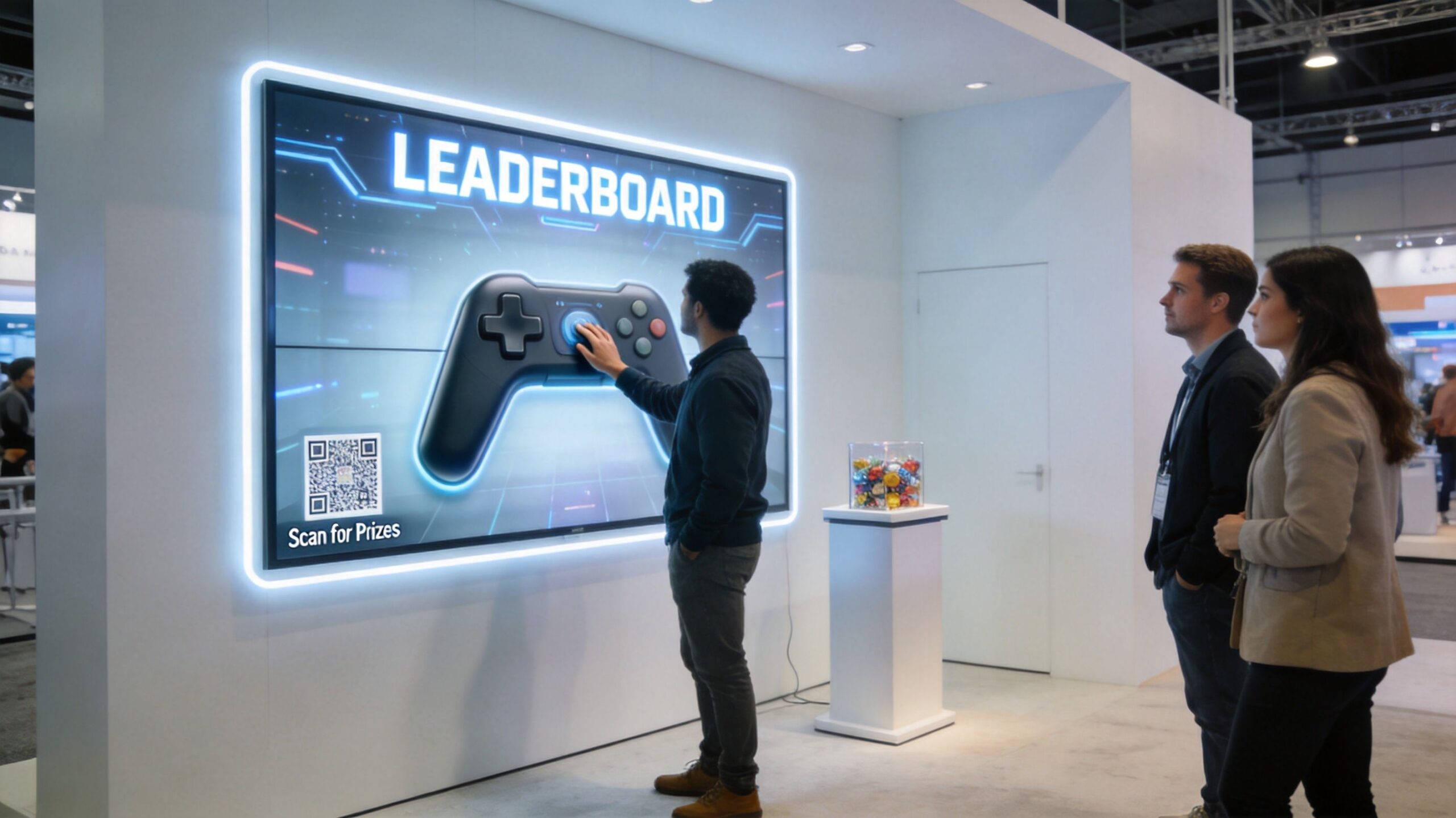 A man interacts with a large digital interactive gaming screen at a modern trade show booth exhibit.