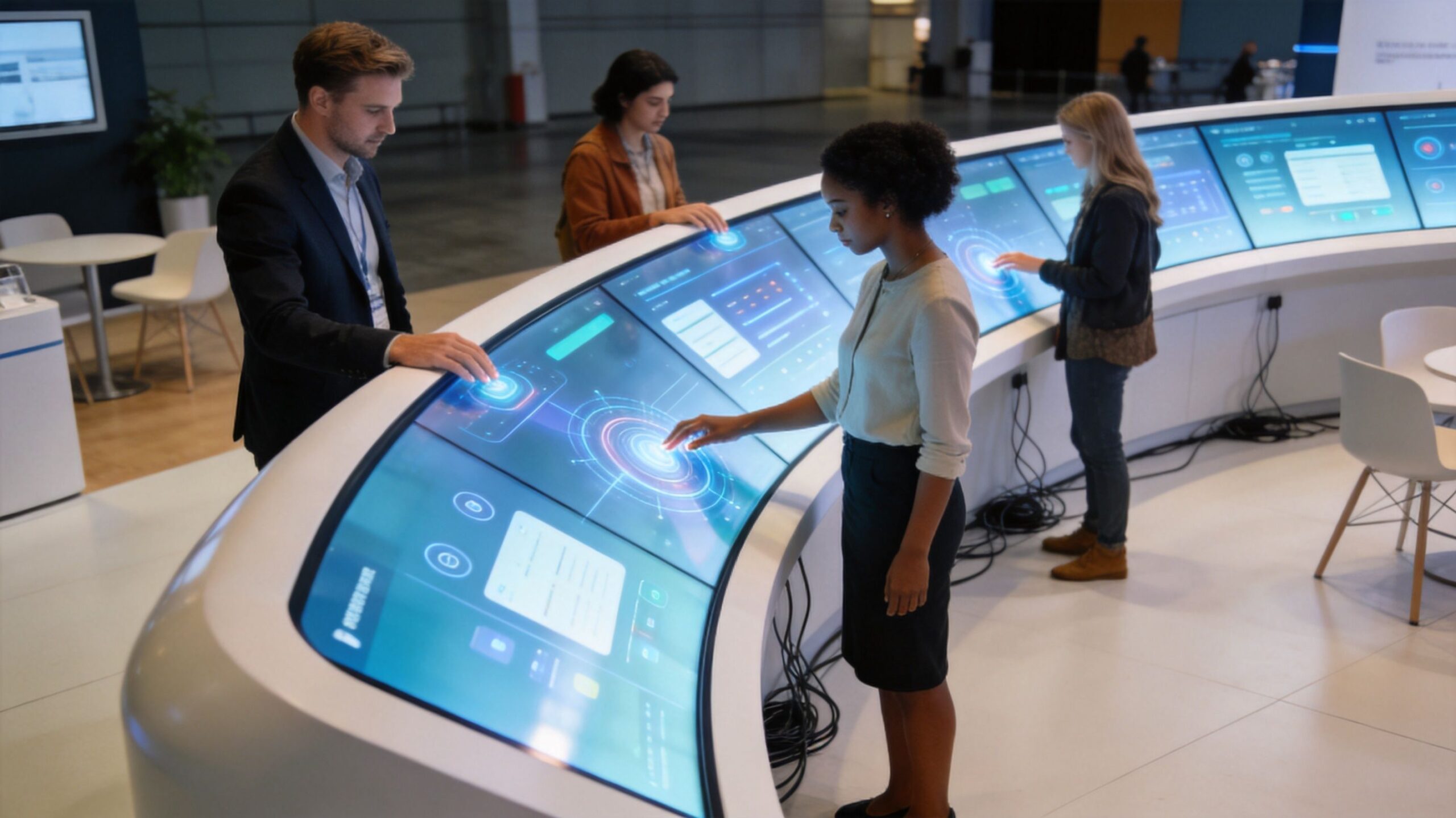Professionals interacting with a large, curved, interactive touch screen display at a modern corporate technology trade show.