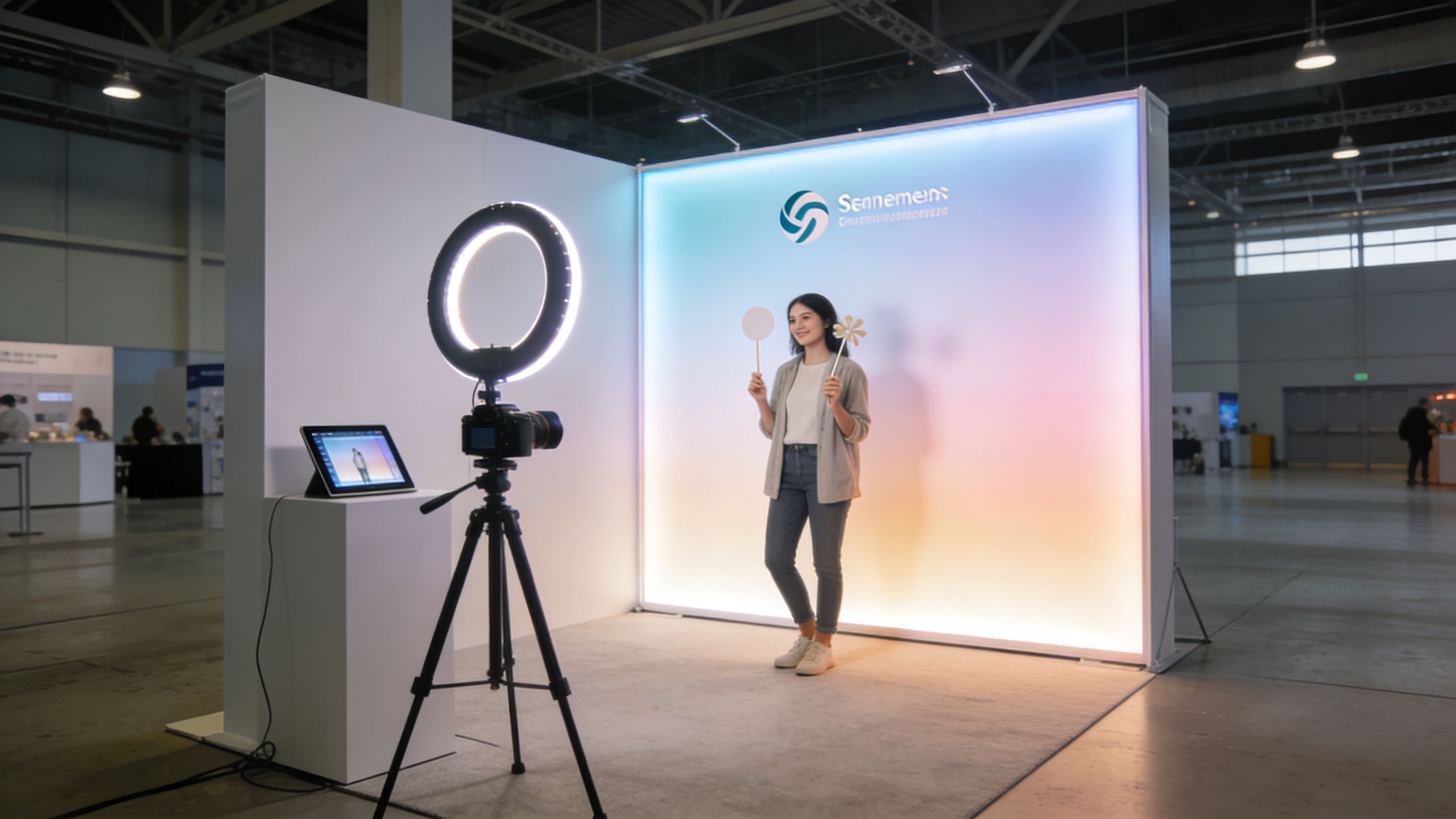 A woman posing in a photo booth at a trade show with professional lighting and camera equipment.