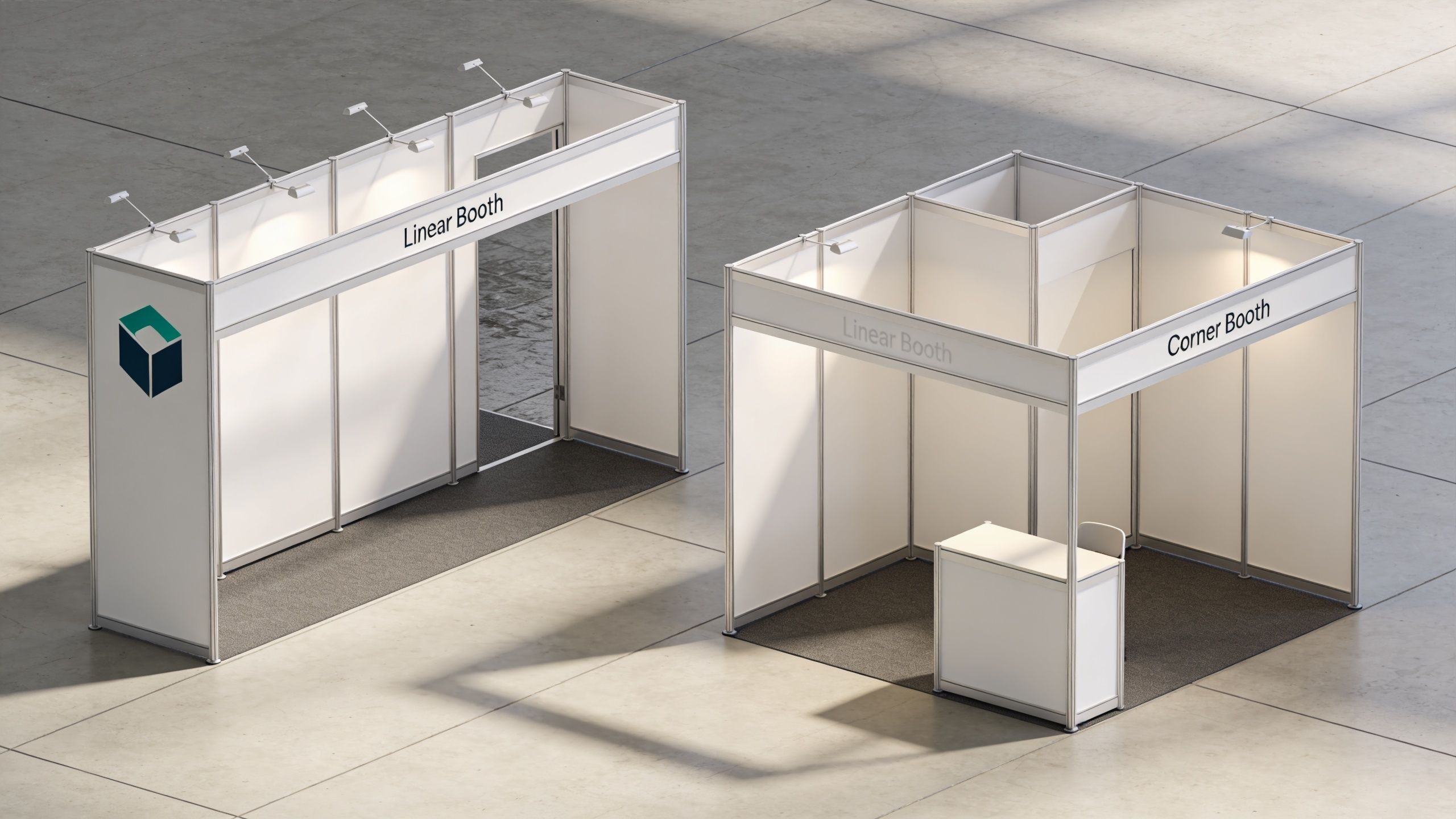 A 3D rendering showing a linear trade show booth next to a corner booth exhibit design.