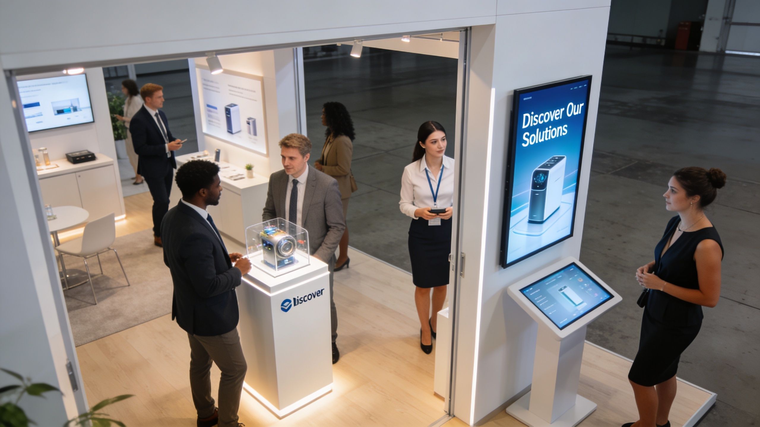 Professionals interacting at a sleek, modern corporate trade show booth with digital displays and product showcases.