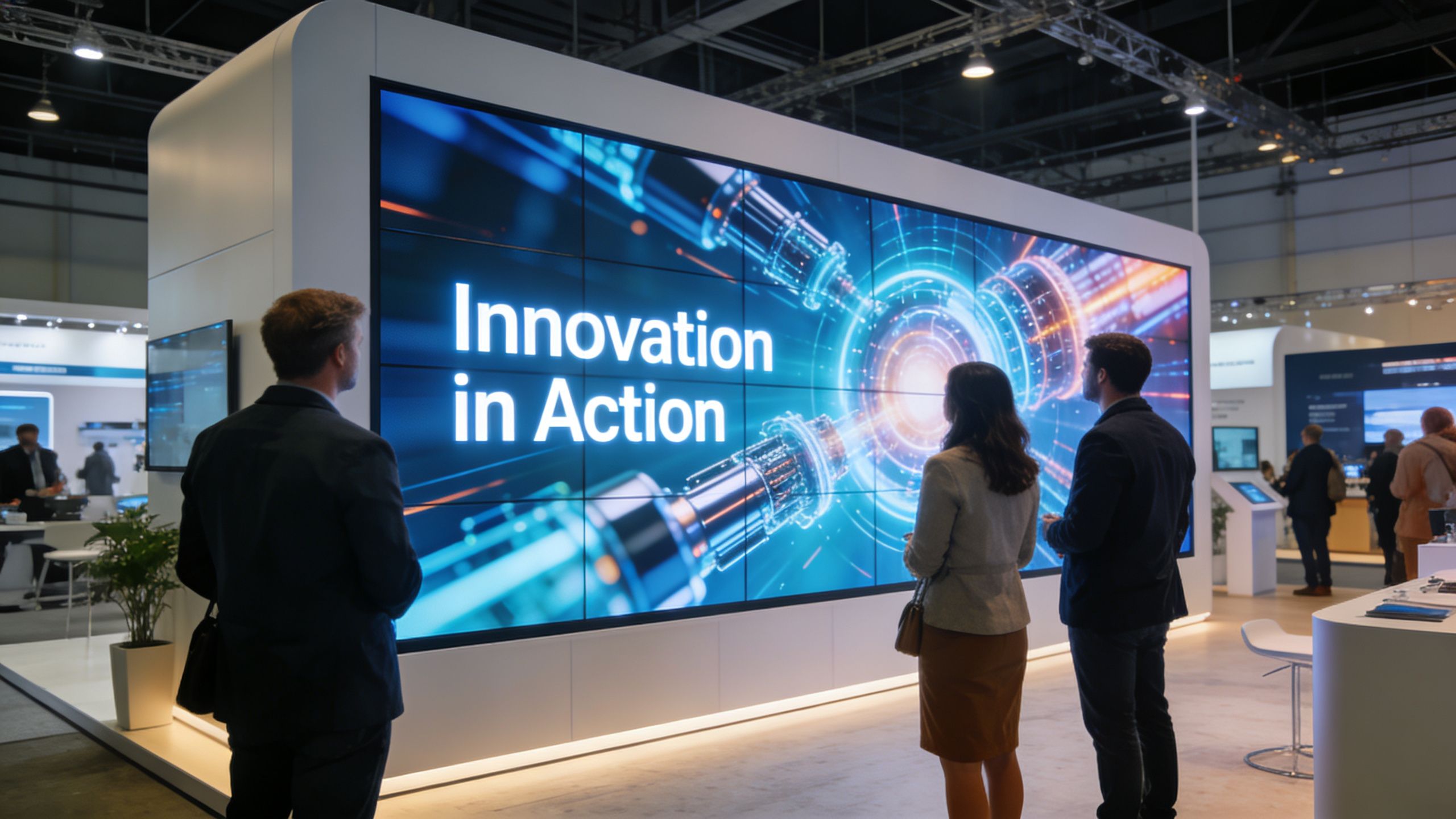 Three business professionals viewing a large digital screen titled Innovation in Action at a modern trade show.