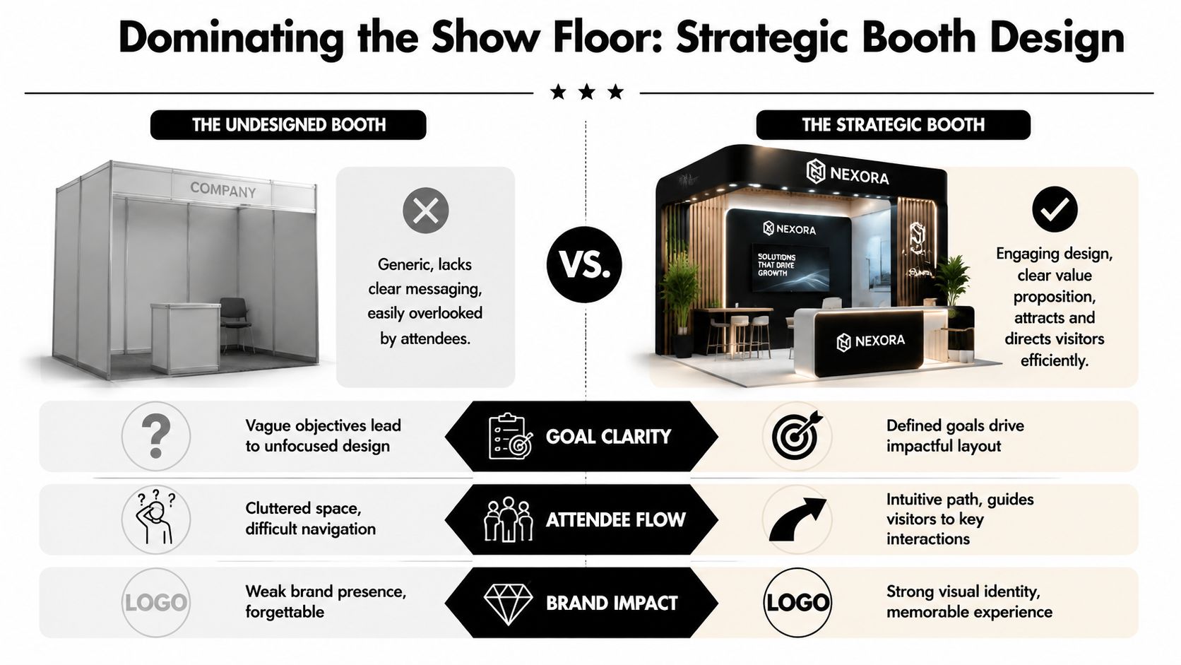 A comparison infographic showing an undessigned trade show booth versus a strategic, professionally branded marketing booth.