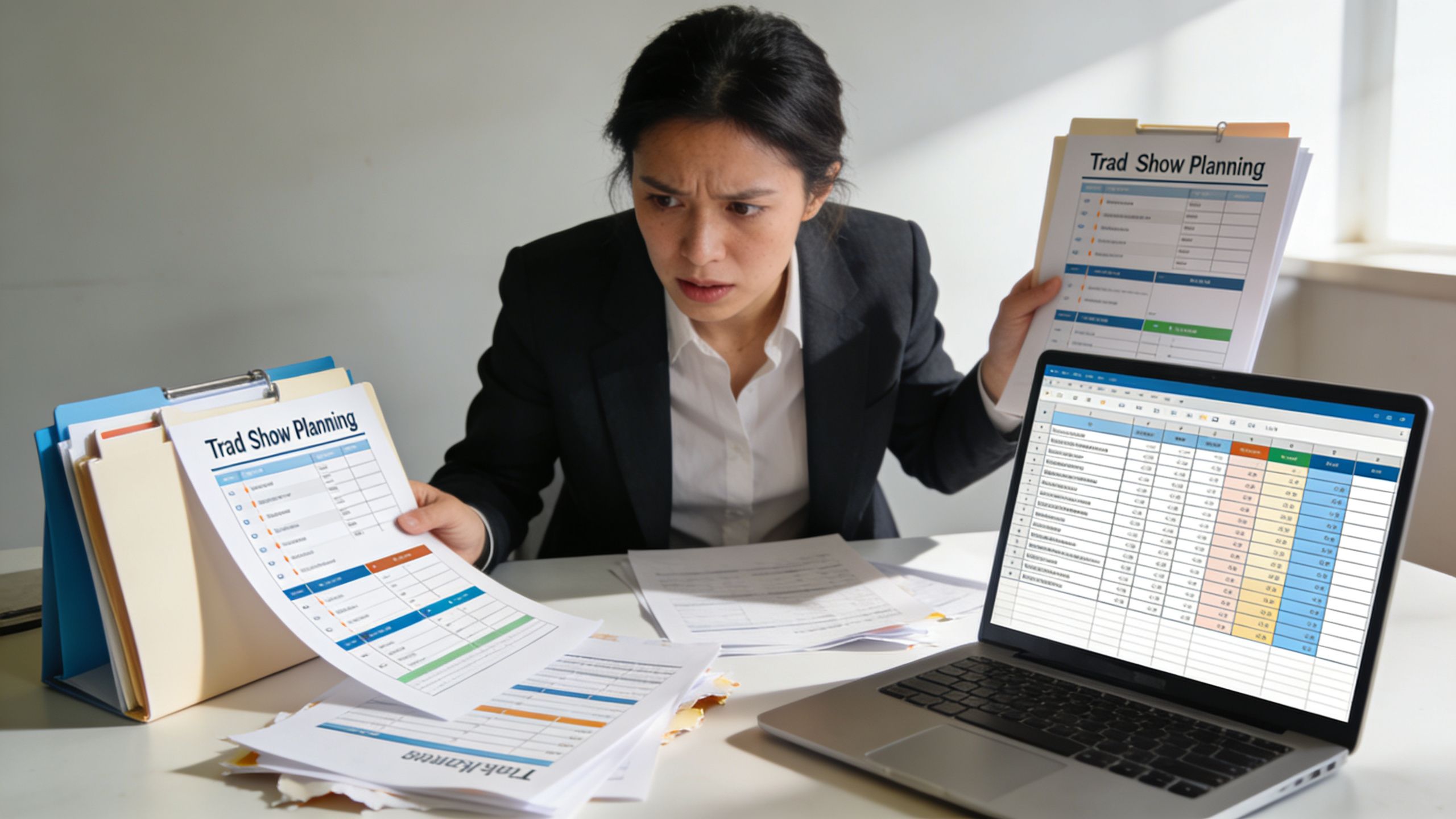 A stressed woman in a business suit reviewing trade show planning documents at a desk.