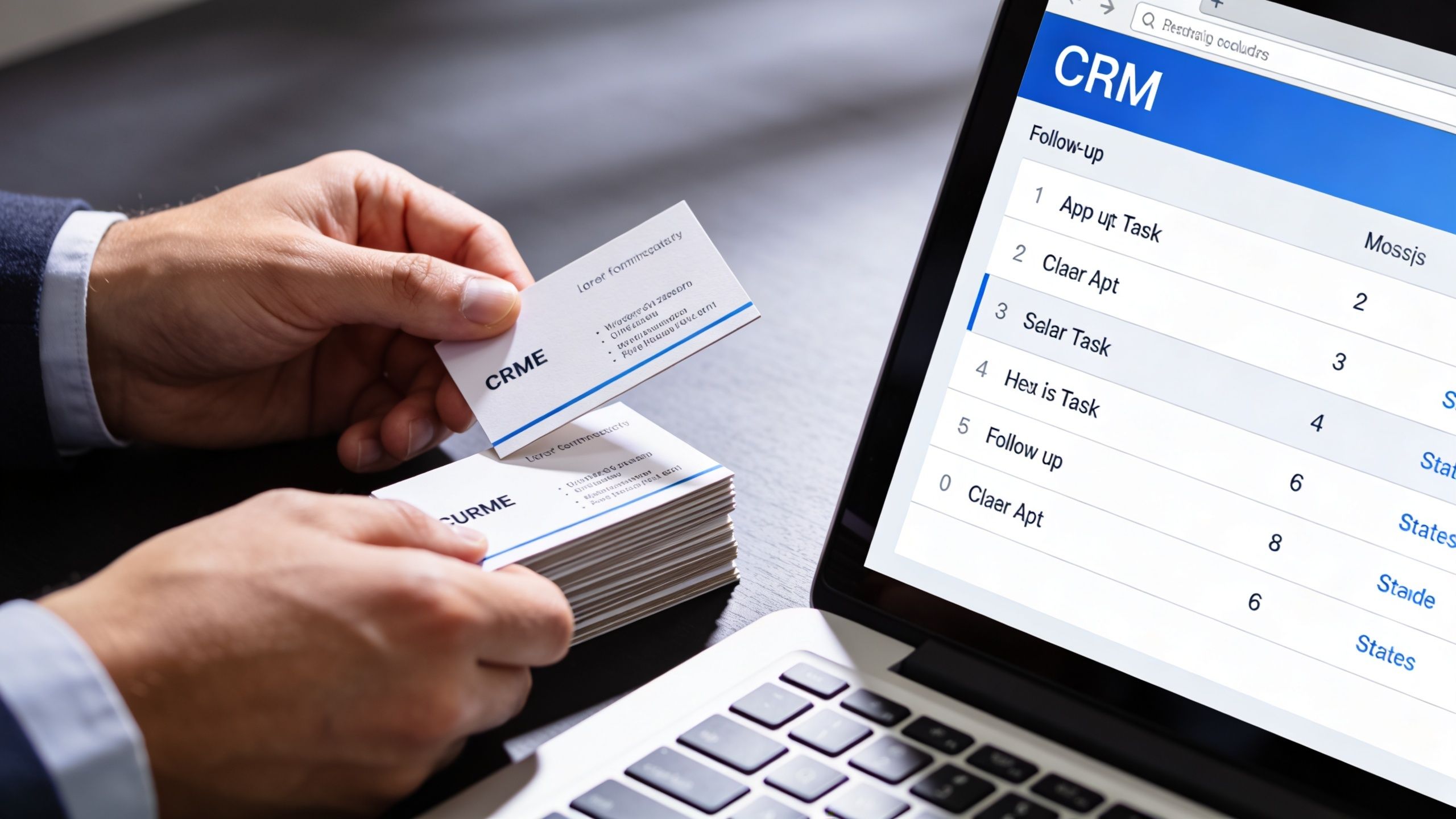 A professional holding business cards while looking at a CRM software dashboard on a laptop screen.