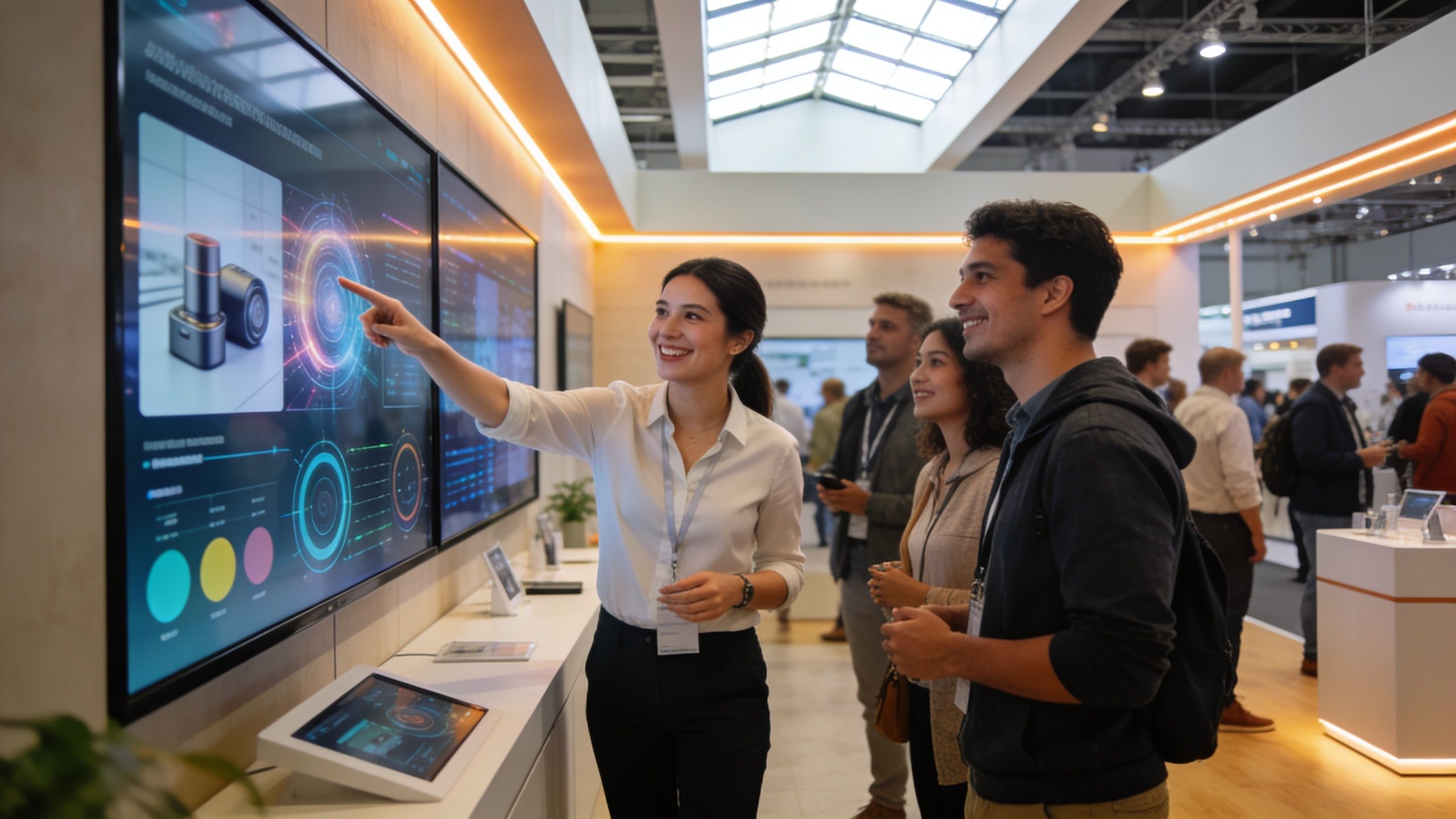 A professional woman presenting digital information on a large screen to interested attendees at a trade show.
