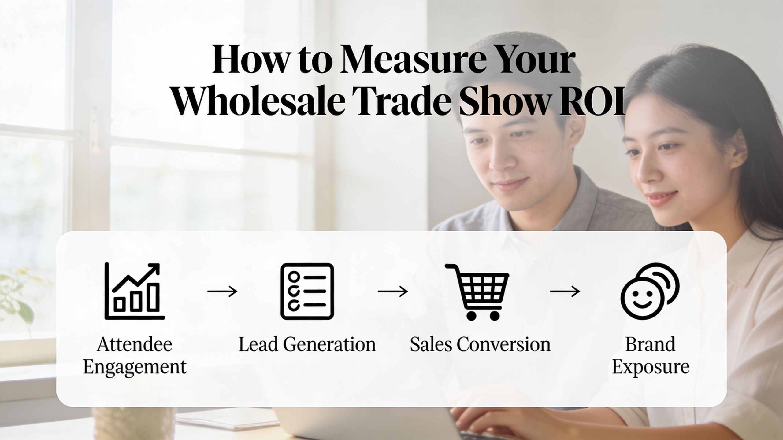 Two people working on a laptop while reviewing a process flow for measuring wholesale trade show ROI.